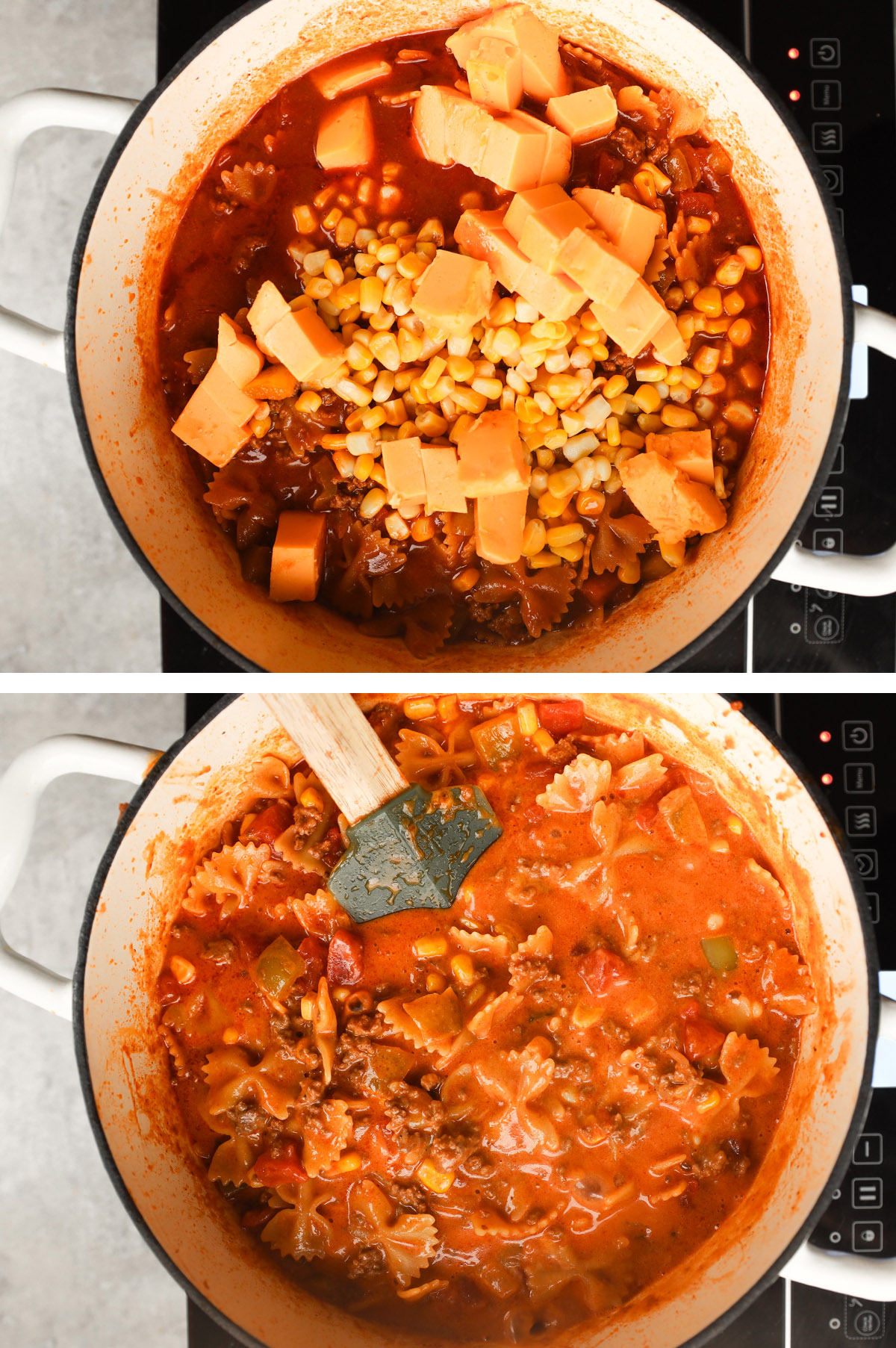 Two images of a pot, first is corn, velveeta cheese dumped into tomato mixture, second is all ingredients mixed together to form sloppy joe pasta. 