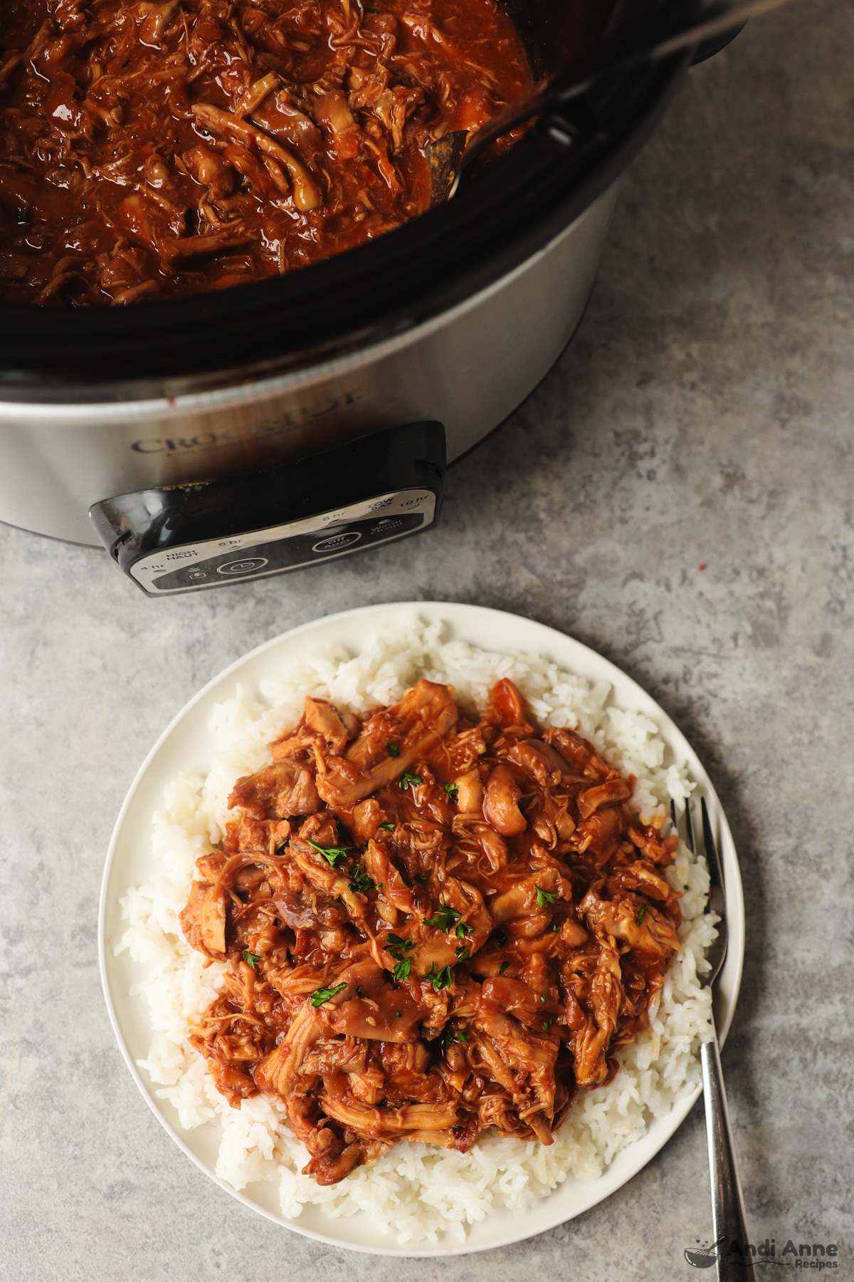 A crockpot and a plate with rice and shredded honey garlic chicken