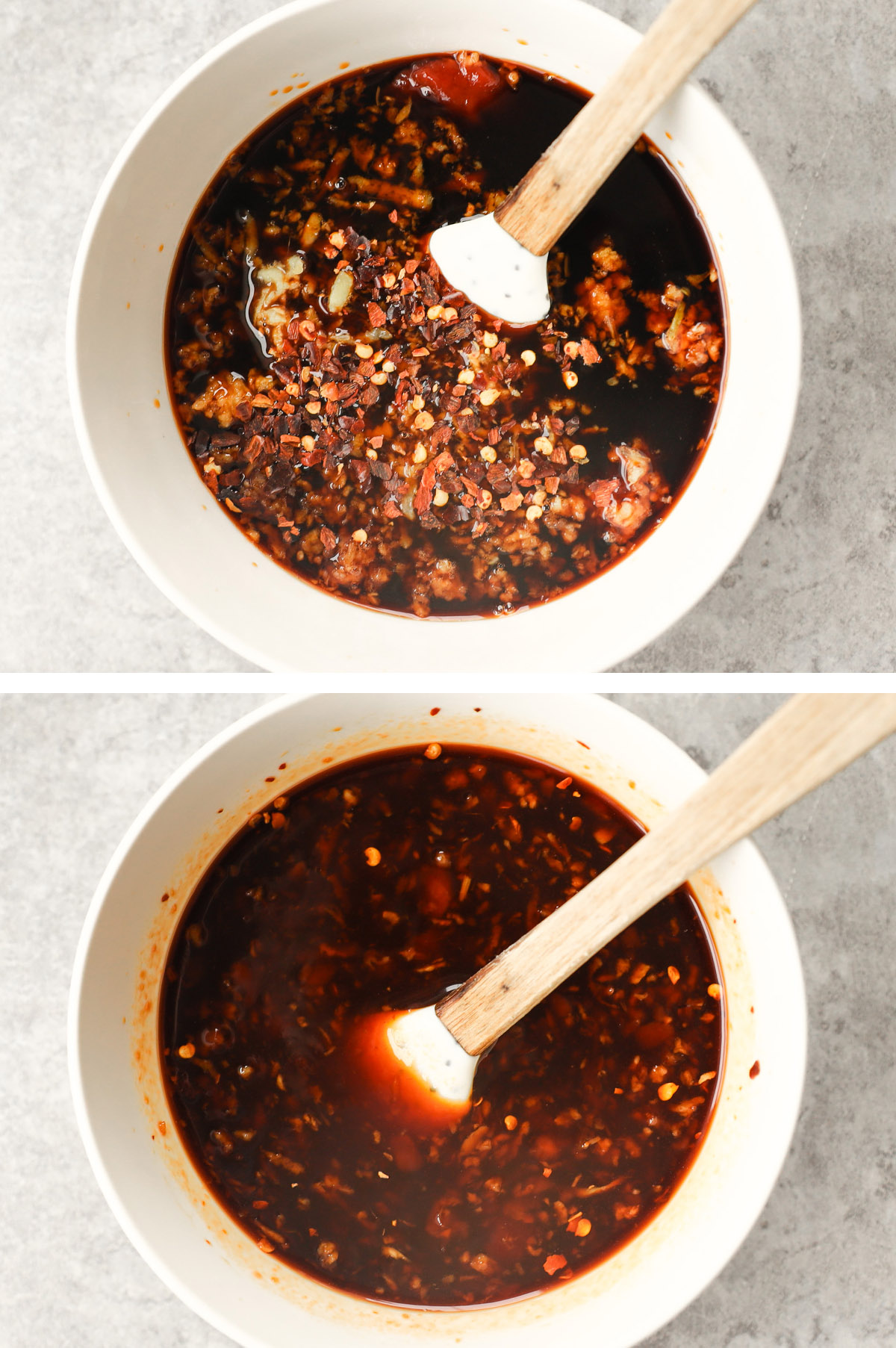 Two images of bowls with dark brown sauce ingredients. First unmixed then mixed together.