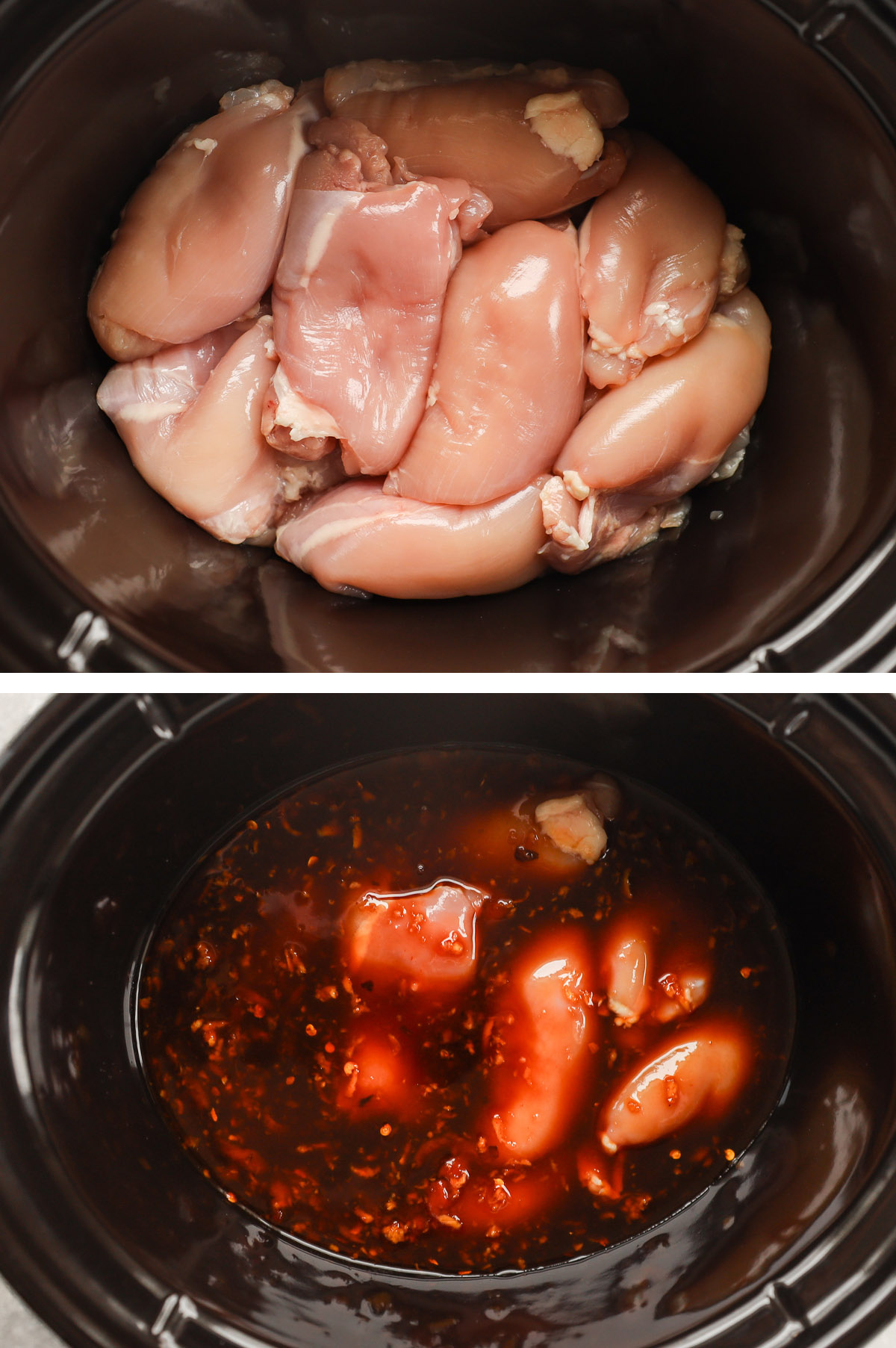 Two images of a crockpot. First with raw skinless chicken thighs added. Second with sauce poured on top.