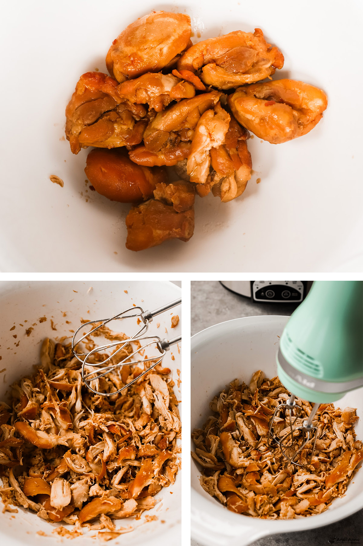 Three images, first is cooked chicken thighs in a bowl, second and third are shredded chicken in a bowl with a hand mixer.