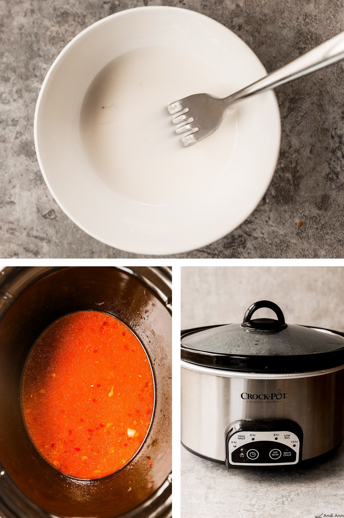 3 images, first is bowl of liquid cornstarch, second is red sauce in bowl of crockpot, third is crockpot.