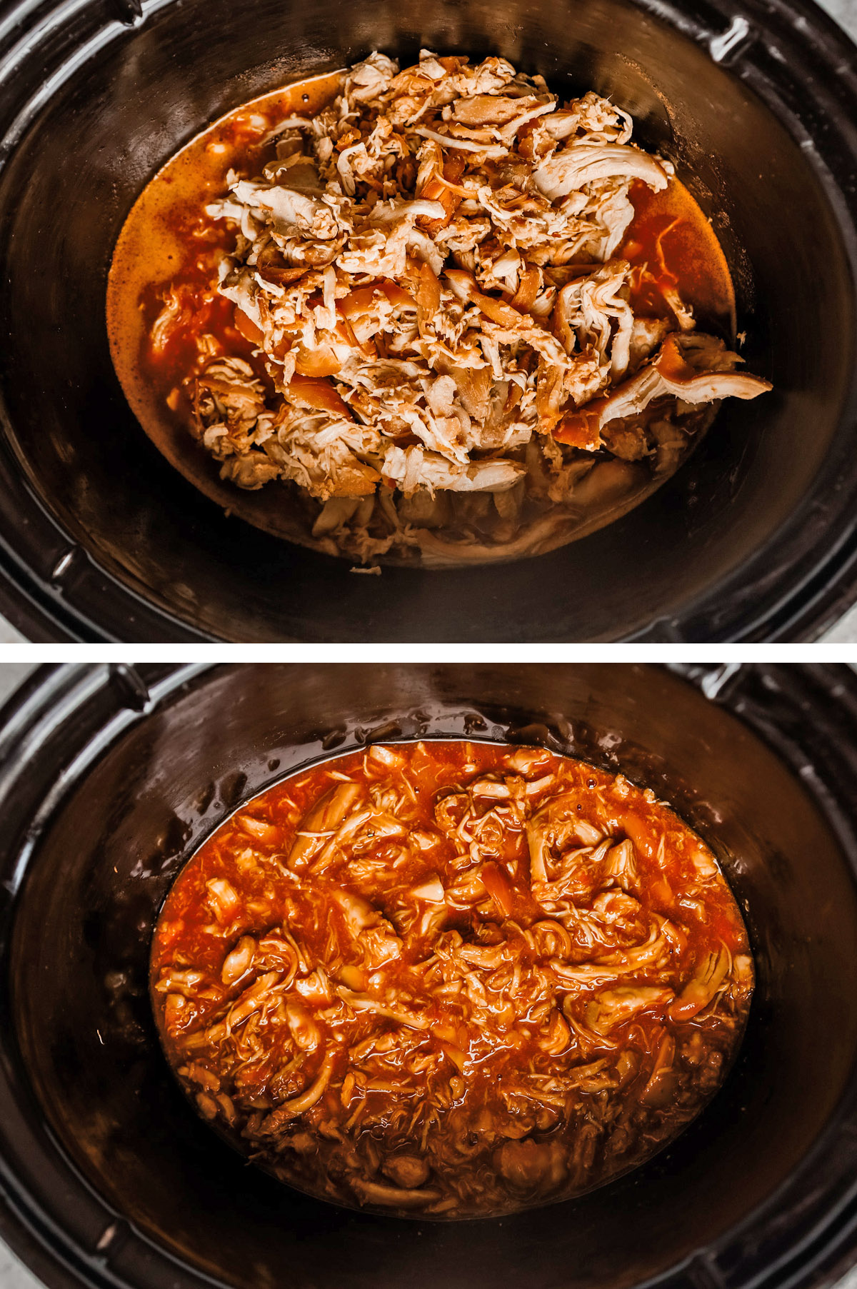 Two images of a crockpot, first is shredded chicken dumped back over sauce, second is chicken mixed together with sauce. 