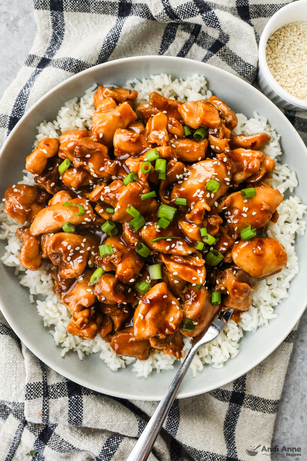 A plate with teriyaki chicken on a bed of rice with chopped green onion and sesame seeds