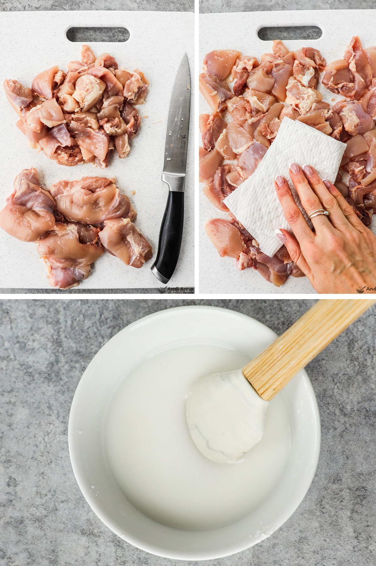 Three images, first two or boneless chicken thighs being chopped up and patted with paper towel. Last is bowl of liquid cornstarch.