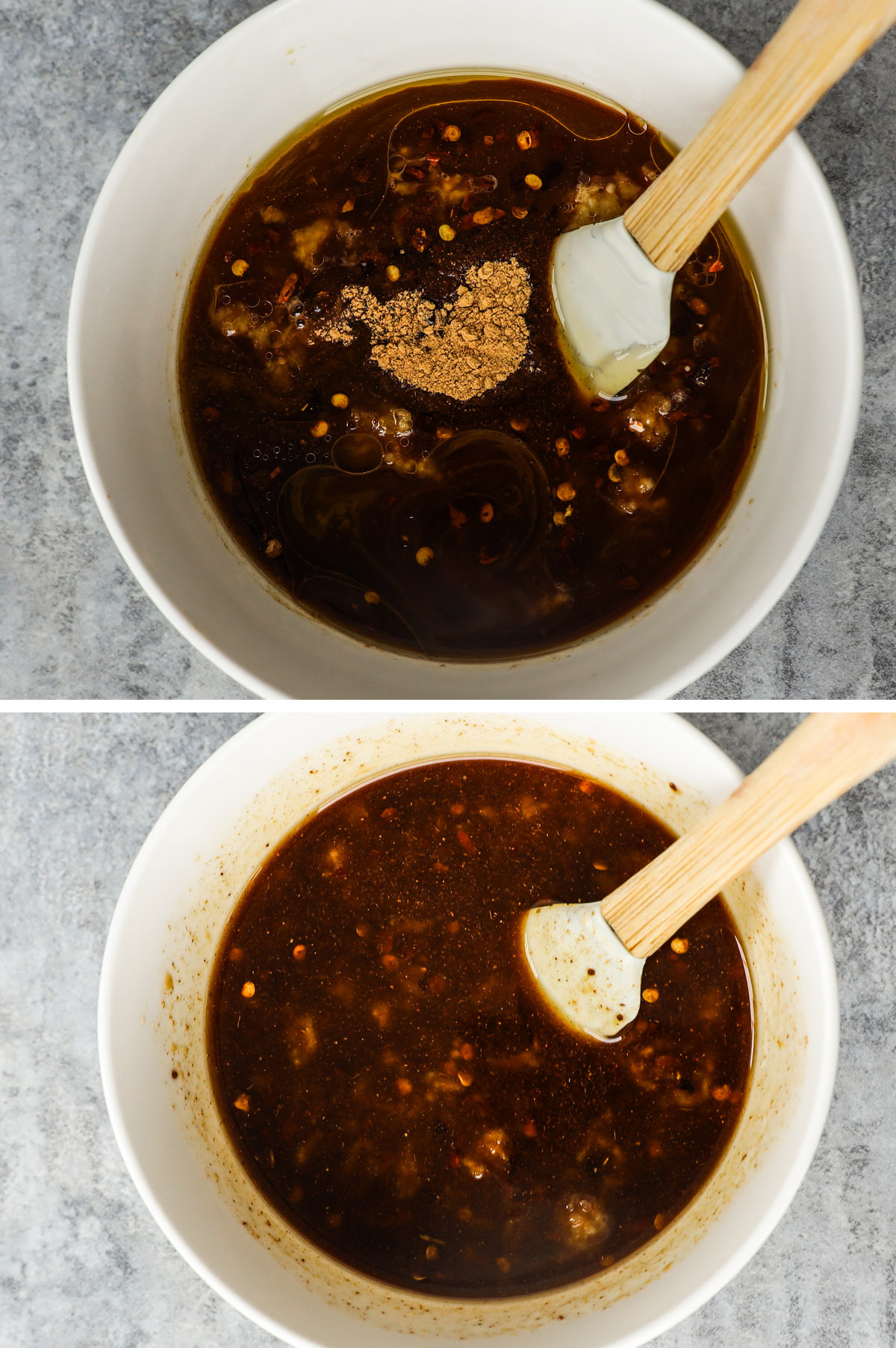 Two images grouped, first is sauces and spices in a bowl unmixed, second is brown teriyaki sauce mixed together.