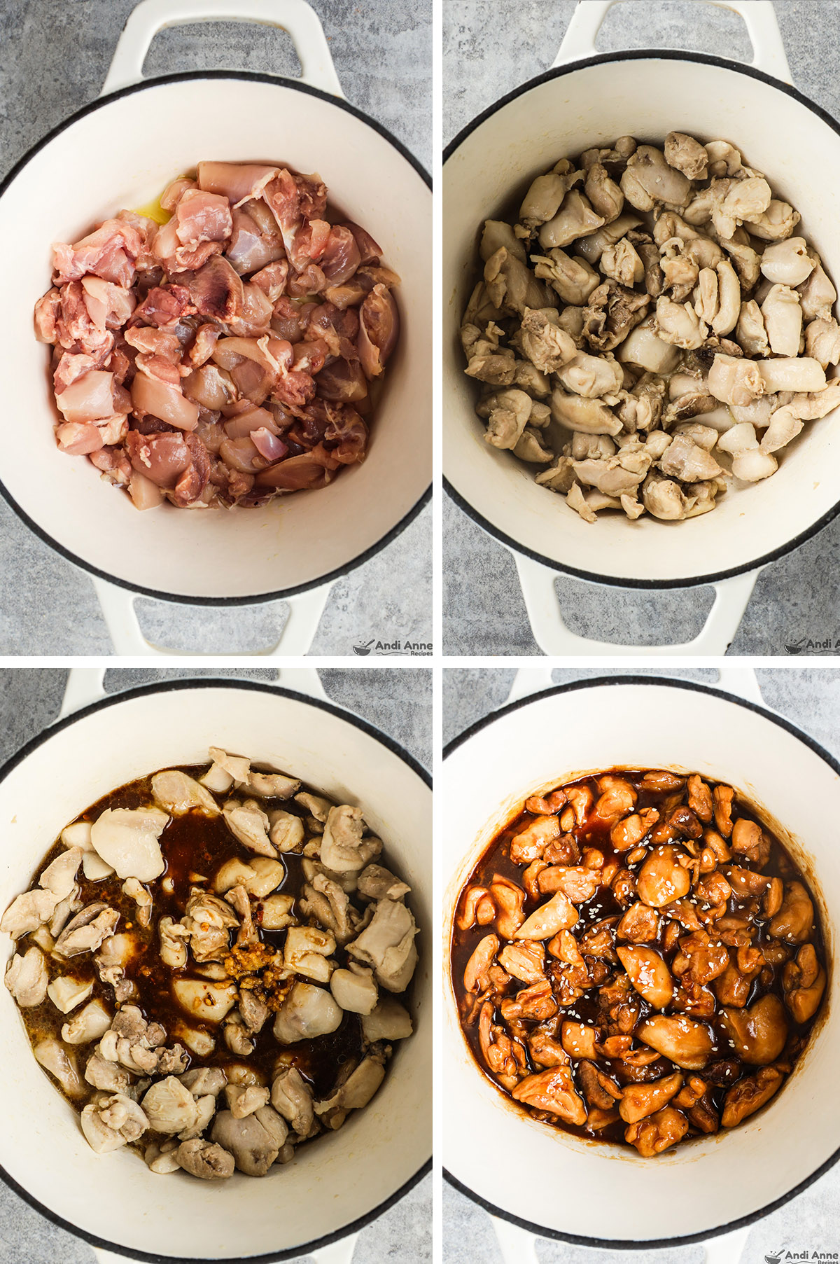 Four images grouped together, first two chopped chicken in a pot first raw then cooked. Last two with teriyaki sauce first poured in, then thickened and mixed with chicken.