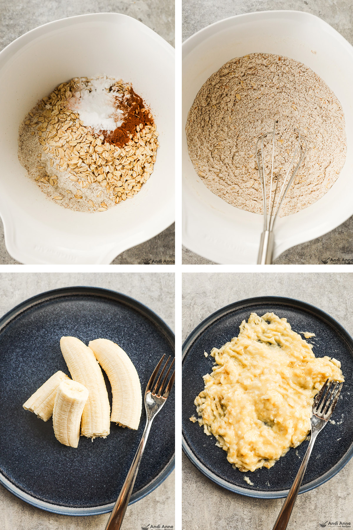 Four images grouped: first two dry ingredients unmixed then mixed. Second two bananas on plate then mashed on plate