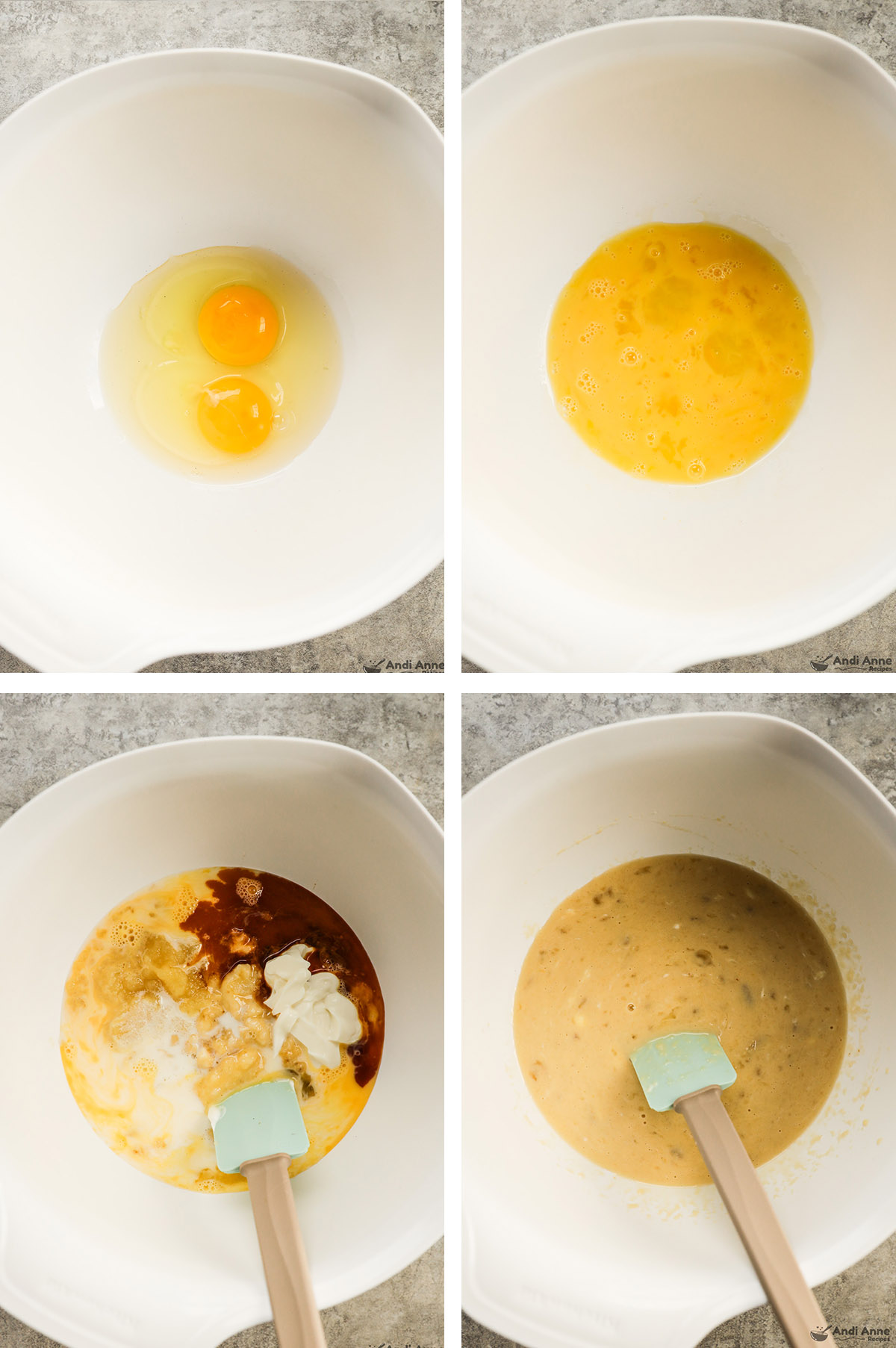 Four images grouped together: first two bowl of eggs unmixed then beaten, last two various wet ingredients unmixed then mixed