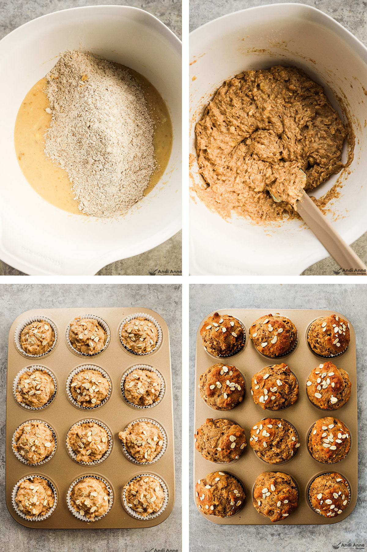 Four images grouped: first dry ingredients dumped over wet ingredients. Second batter in bowl, third unbaked muffins in pan, last cooked muffins in pan