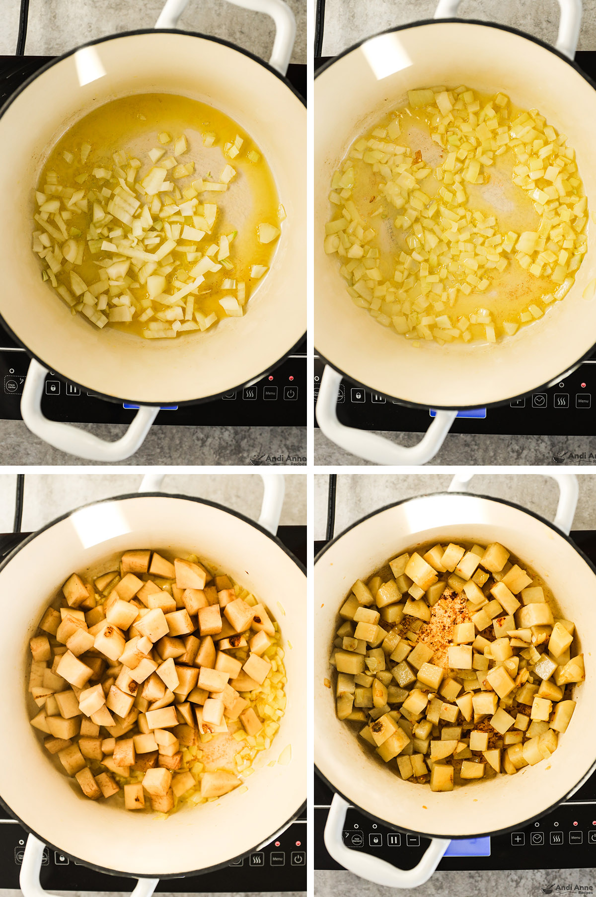 Four images grouped together. First two chopped onion in olive oil, second two chopped potato added.