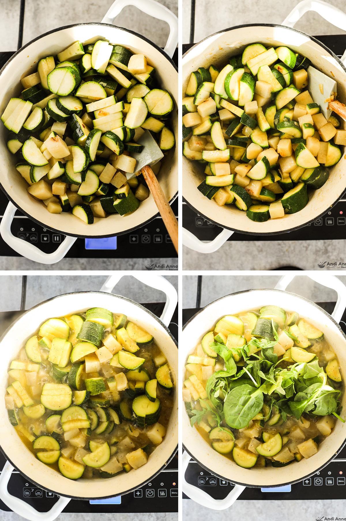 Four images grouped together, first two chopped zucchini added to white pot. Last two broth then spinach added to pot. 