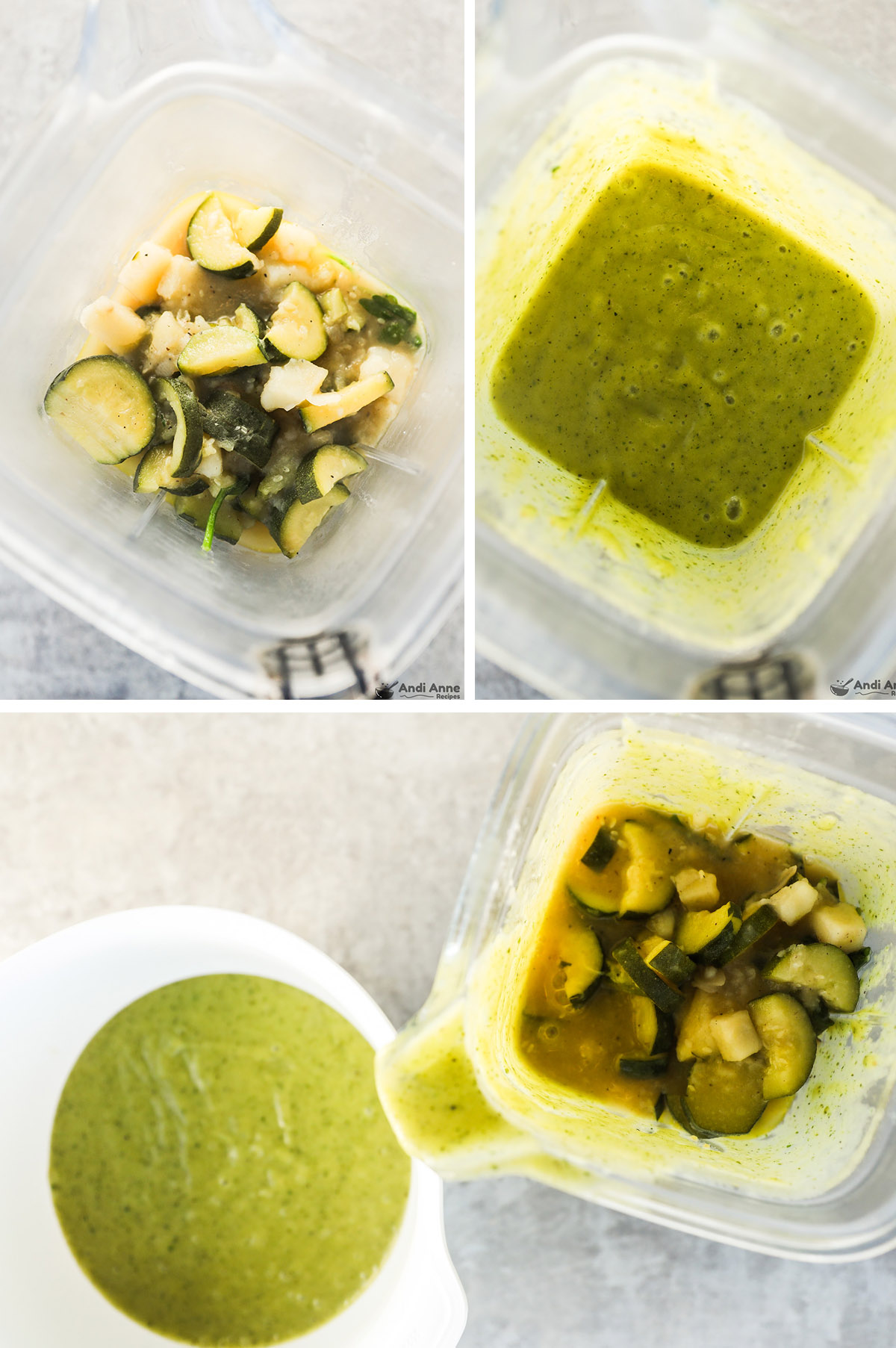 Looking down into a blender, first with chunky zucchini soup pieces. Second with blended green zucchini soup. Last image is bowl of soup and broth. 