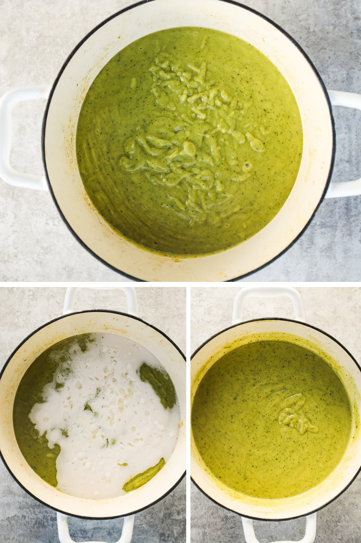 3 images grouped together, first is pot of creamy soup, second is coconut milk poured overtop, third is milk mixed in.