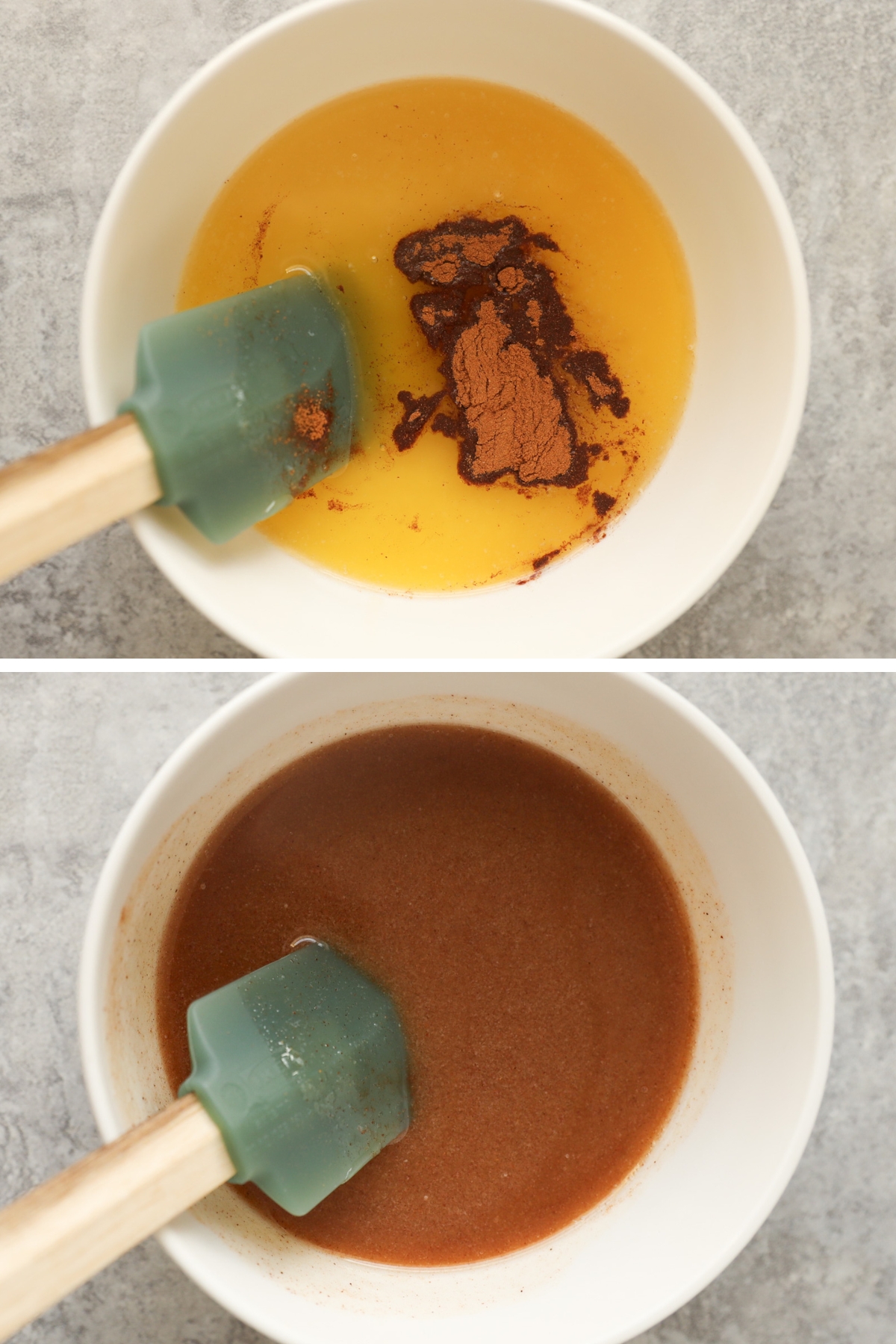 Two images of a bowl, first with melted butter and cinnamon. Second is a brown sauce.