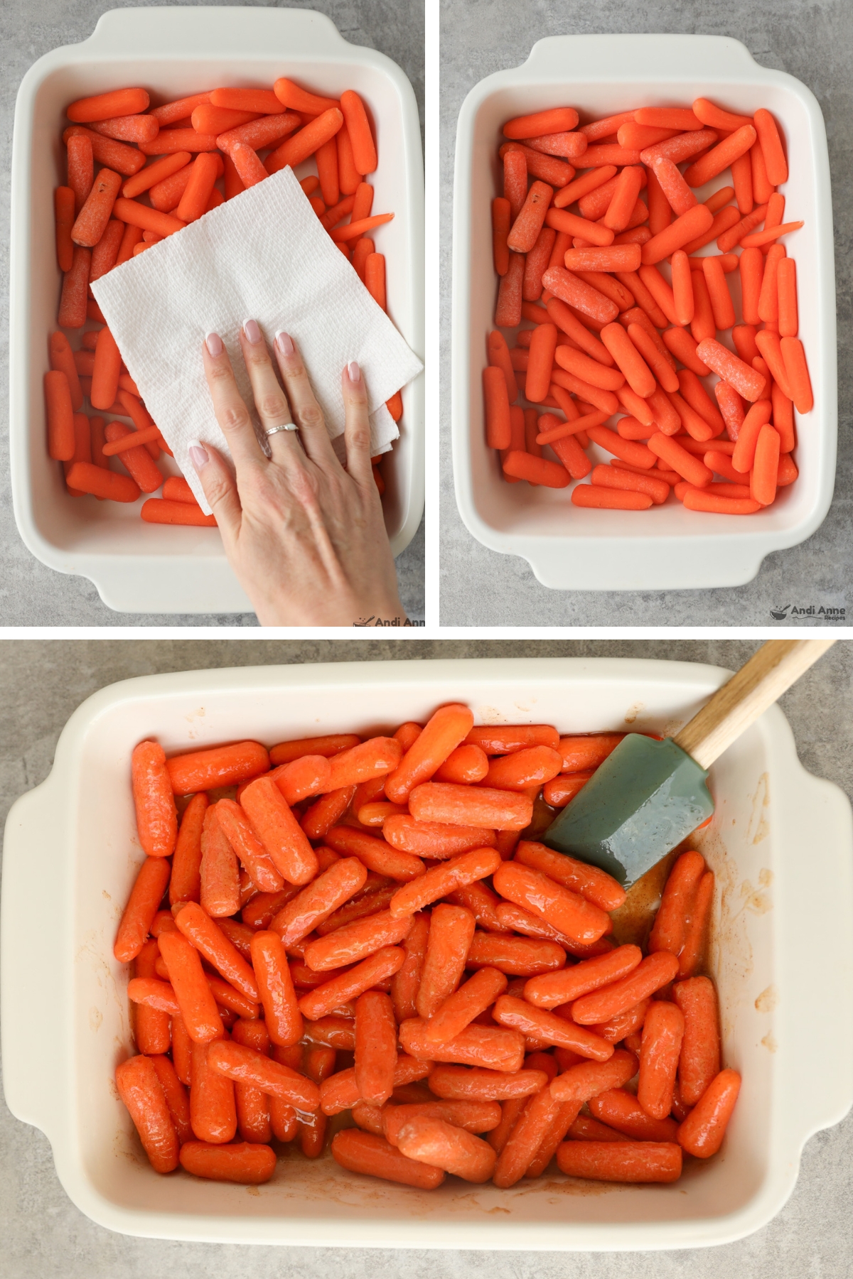 Three images grouped of a white baking dish. First with raw carrots pat dry with paper towel, second with just raw carrots in dish, third with carrots tossed in sauce.