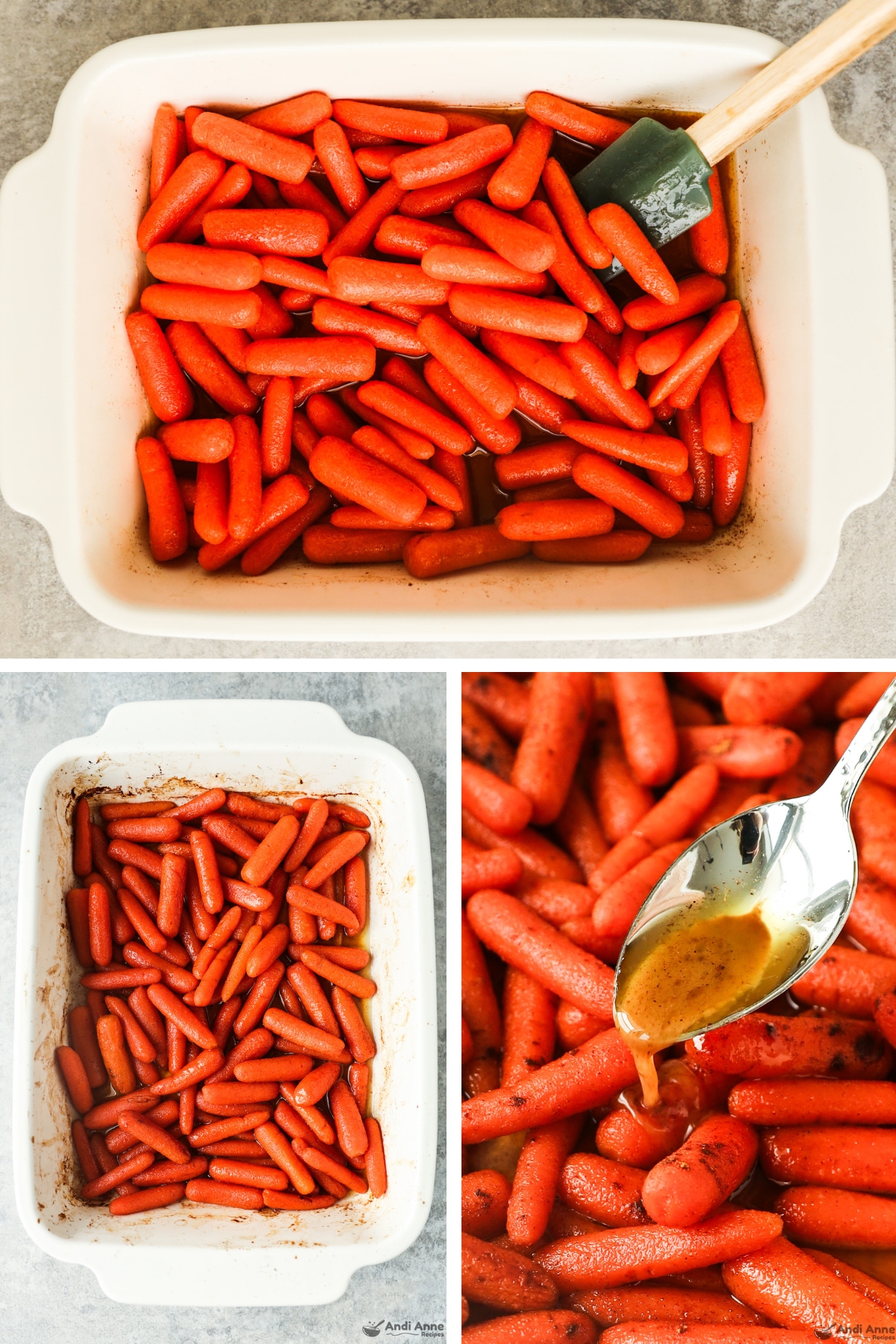 Three images grouped together, First is carrots in sauce in baking dish, second is baked carrots in dish. Third is spoon scooping liquid over carrots.