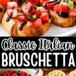 Bruschetta on a plate, the topping in a bowl and slices of baguette