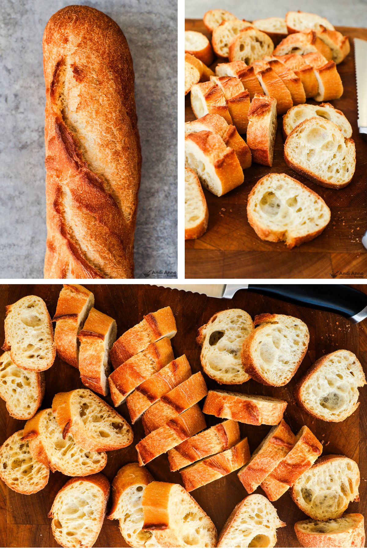 Three images grouped together, first is a baguette, second and third are baguette slices on a cutting board