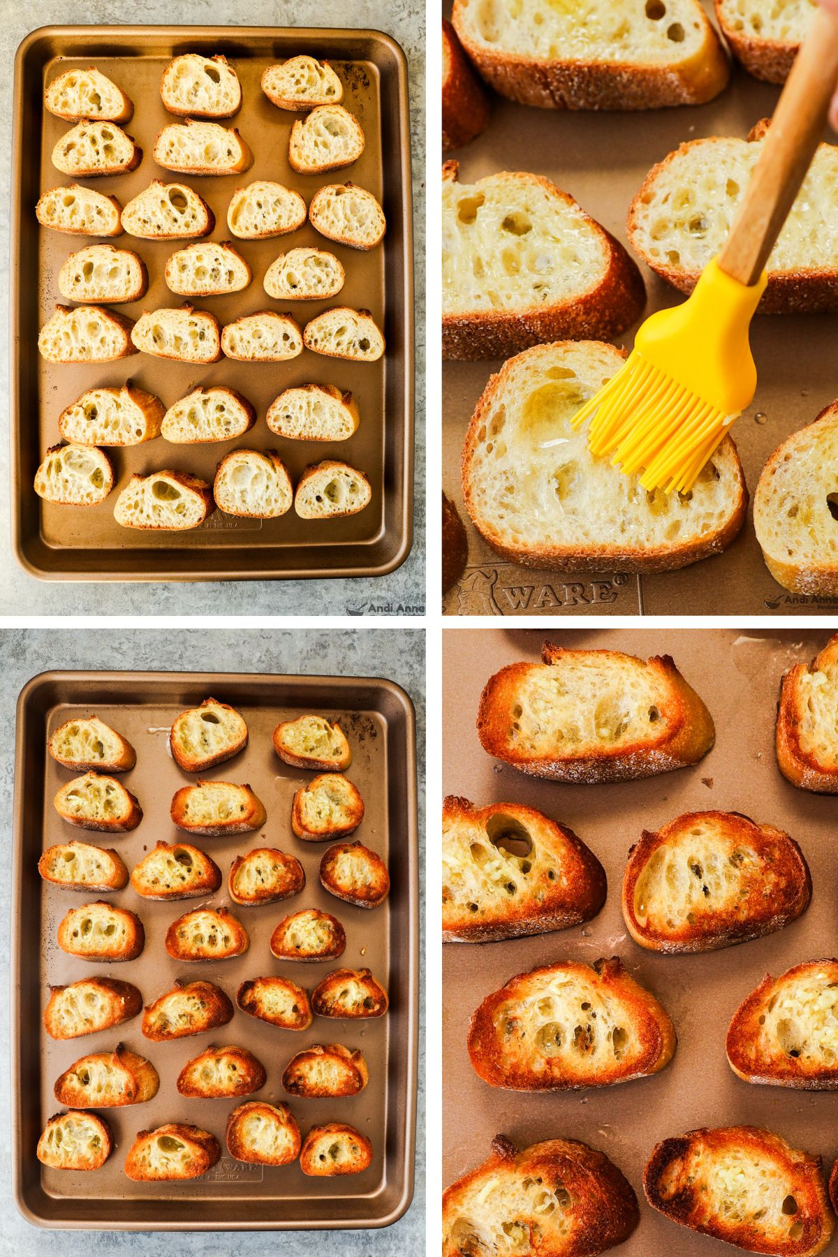 Four images grouped together, first is sliced of raw baguette on baking sheet, second is silicone brush with oil over a slice, third and fourth are the toasted baguette slices