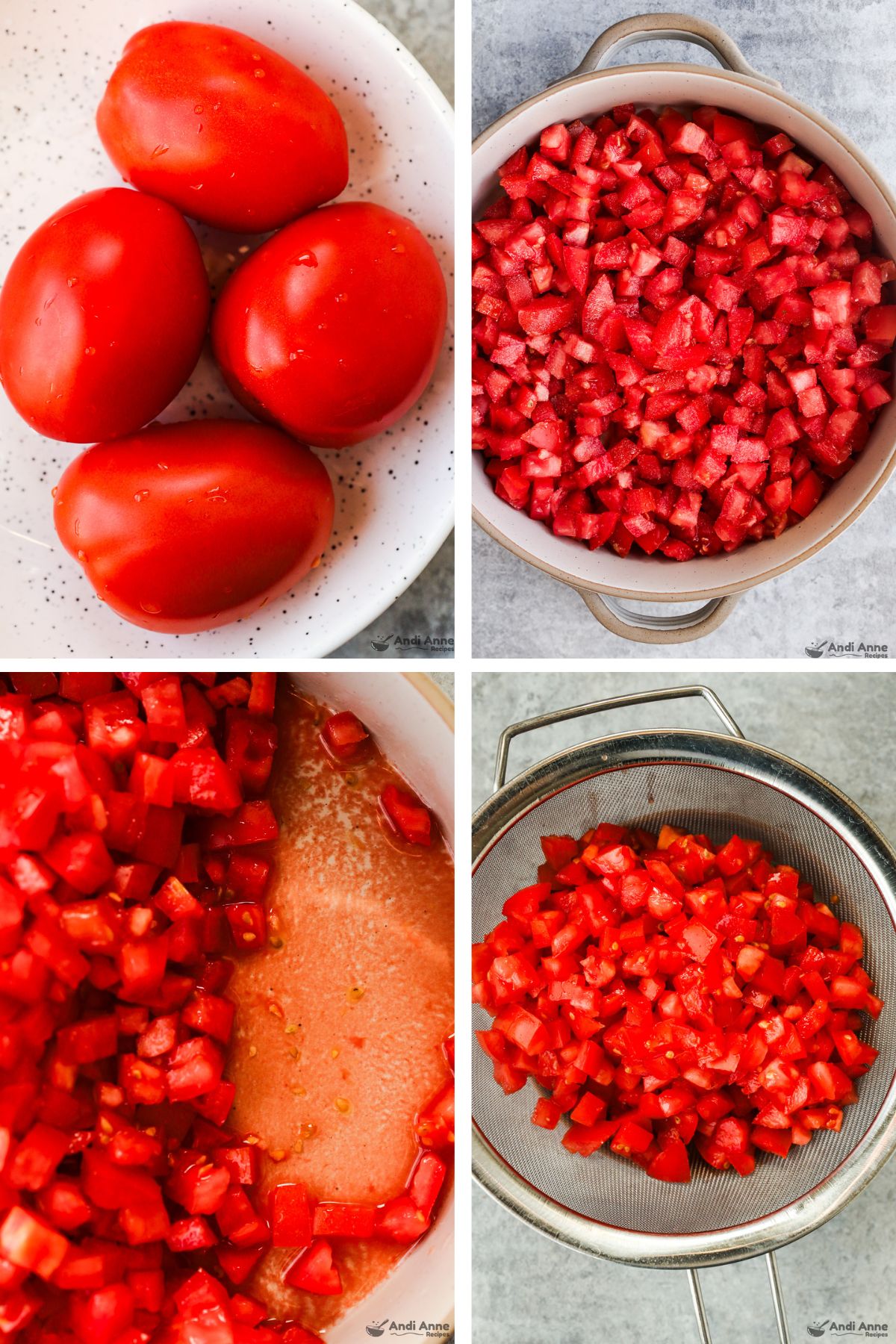 Four images grouped together, first is roma tomatoes, second is chopped in bowl, third shows liquid from tomatoes, fourth is tomatoes in strainer. 