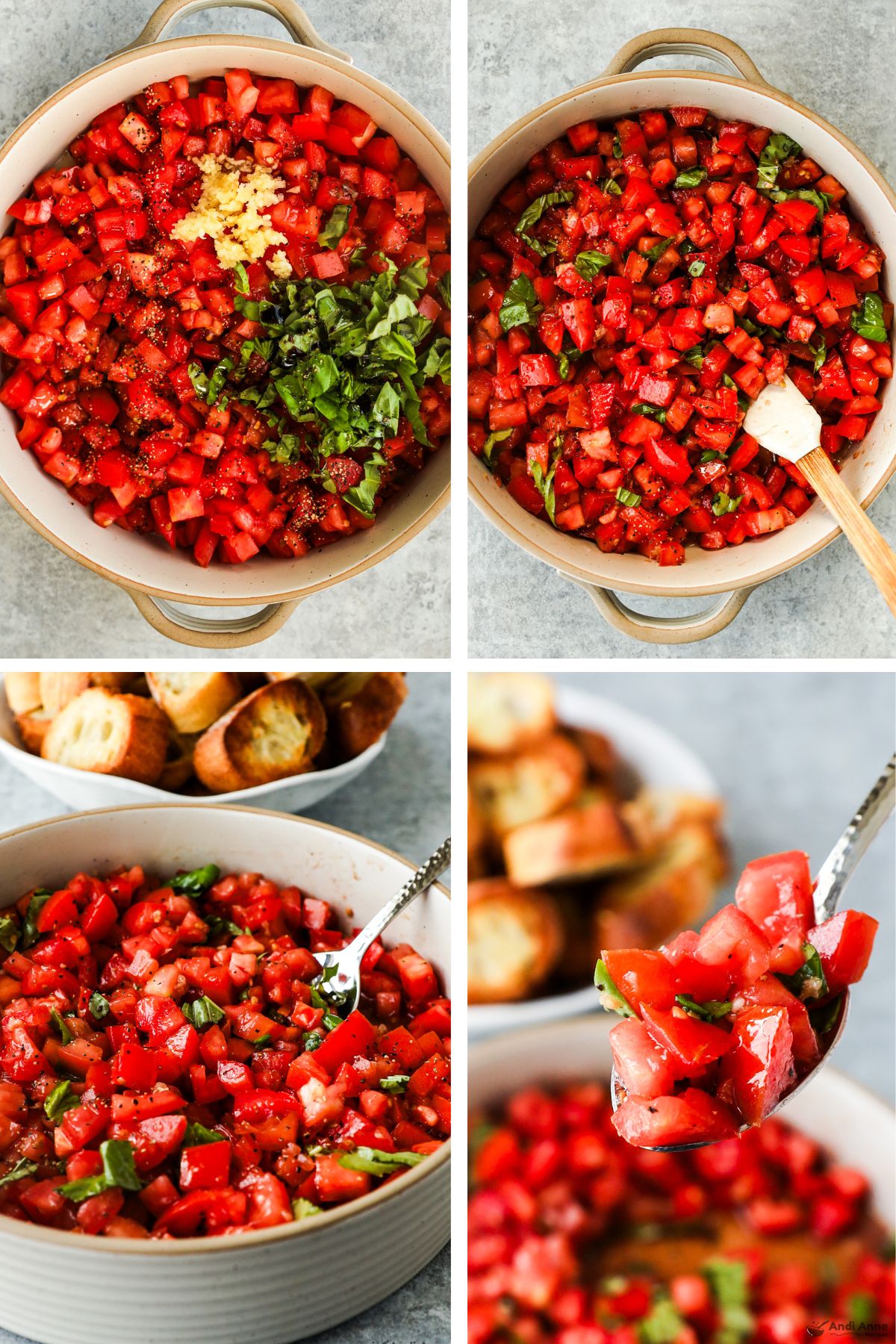 Four images grouped together, first is tomatoes, basil and garlic dumped into bowl, second is ingredients mixed together, third is a spoon in the bowl, fourth is spoon scooping some of the bruschetta