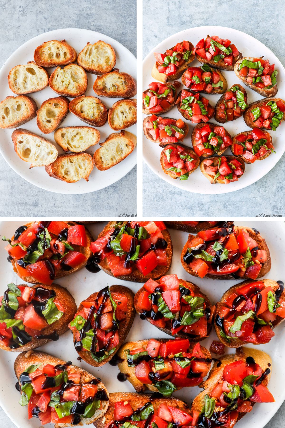 Three images grouped, first is baguette slices on plate, second is bruschetta topped on slices, third is balsamic drizzled on top