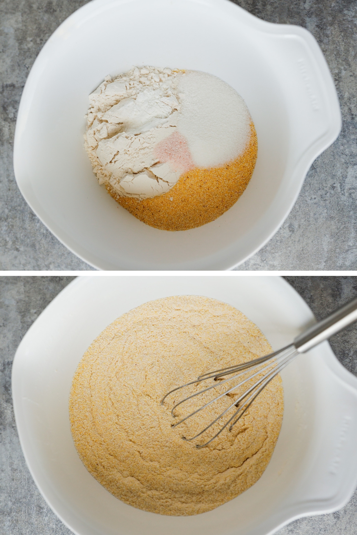 Two images grouped of a bowl, first with cornmeal, flour and other dry ingredients dumped in. Second with ingredients mixed together.