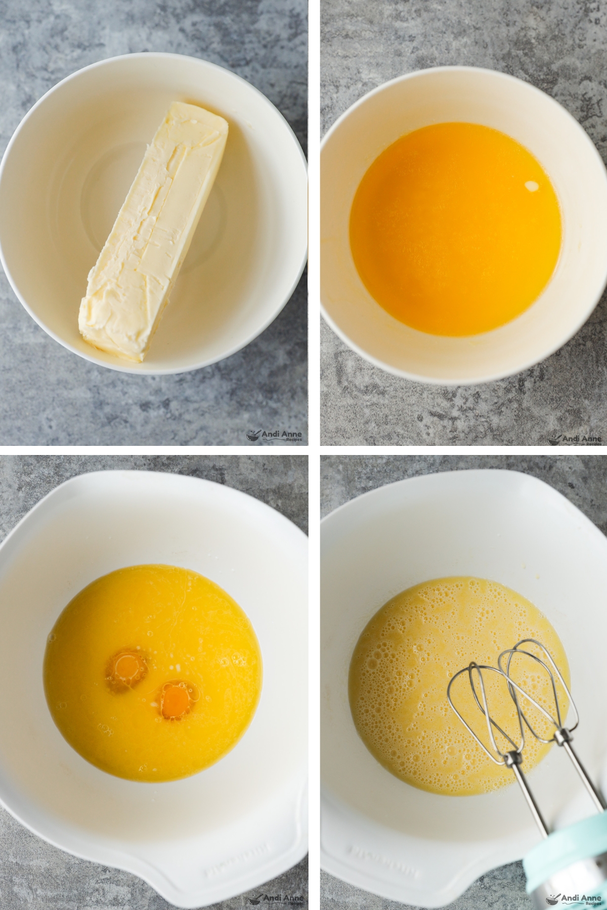 Four images of a bowl, first with stick of butter, second butter melted, third butter and eggs dumped in, fourth wet ingredients mixed.