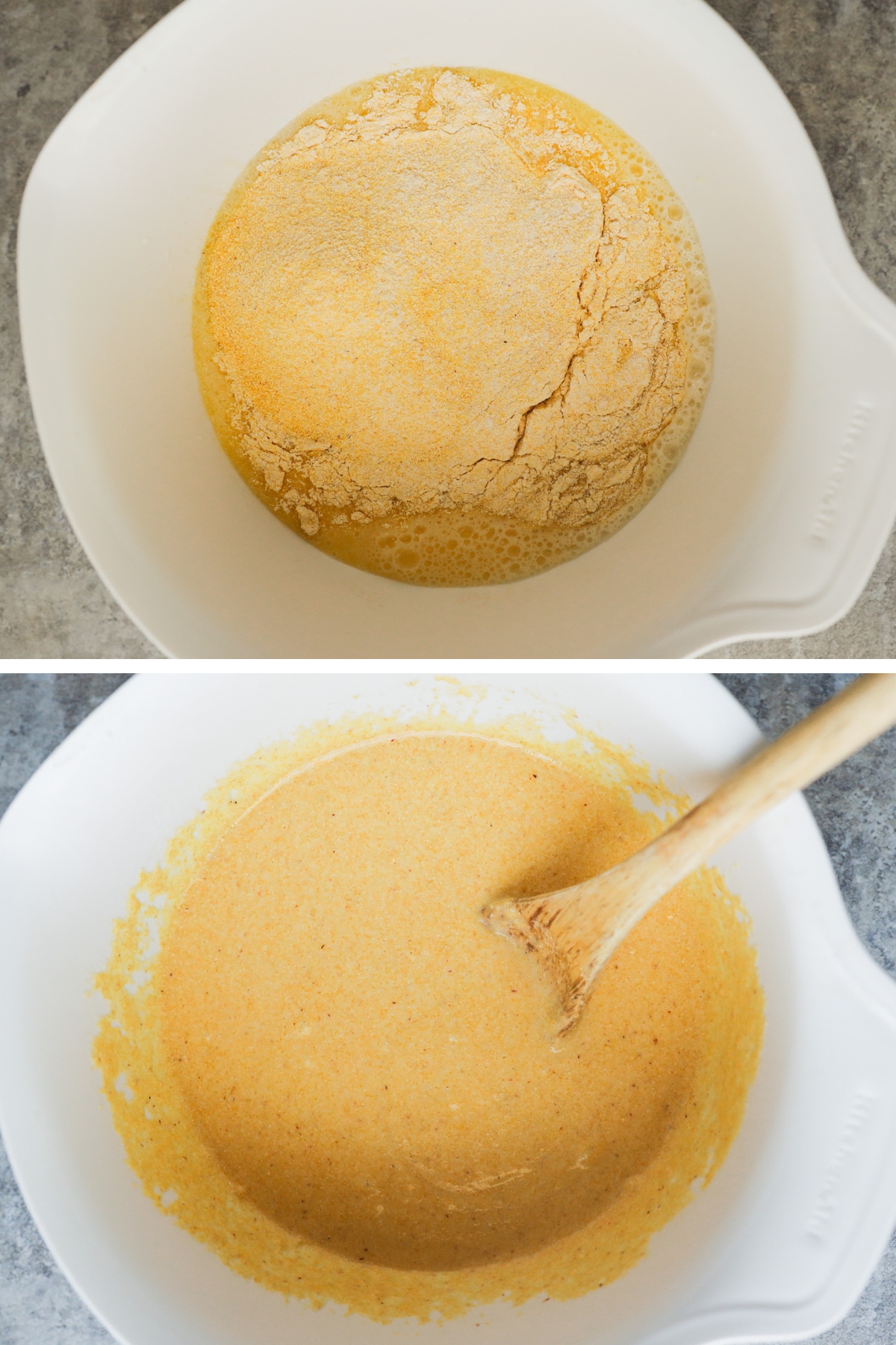 Two images of a bowl, first dry ingredients dumped into wet ingredients, second a yellow batter.