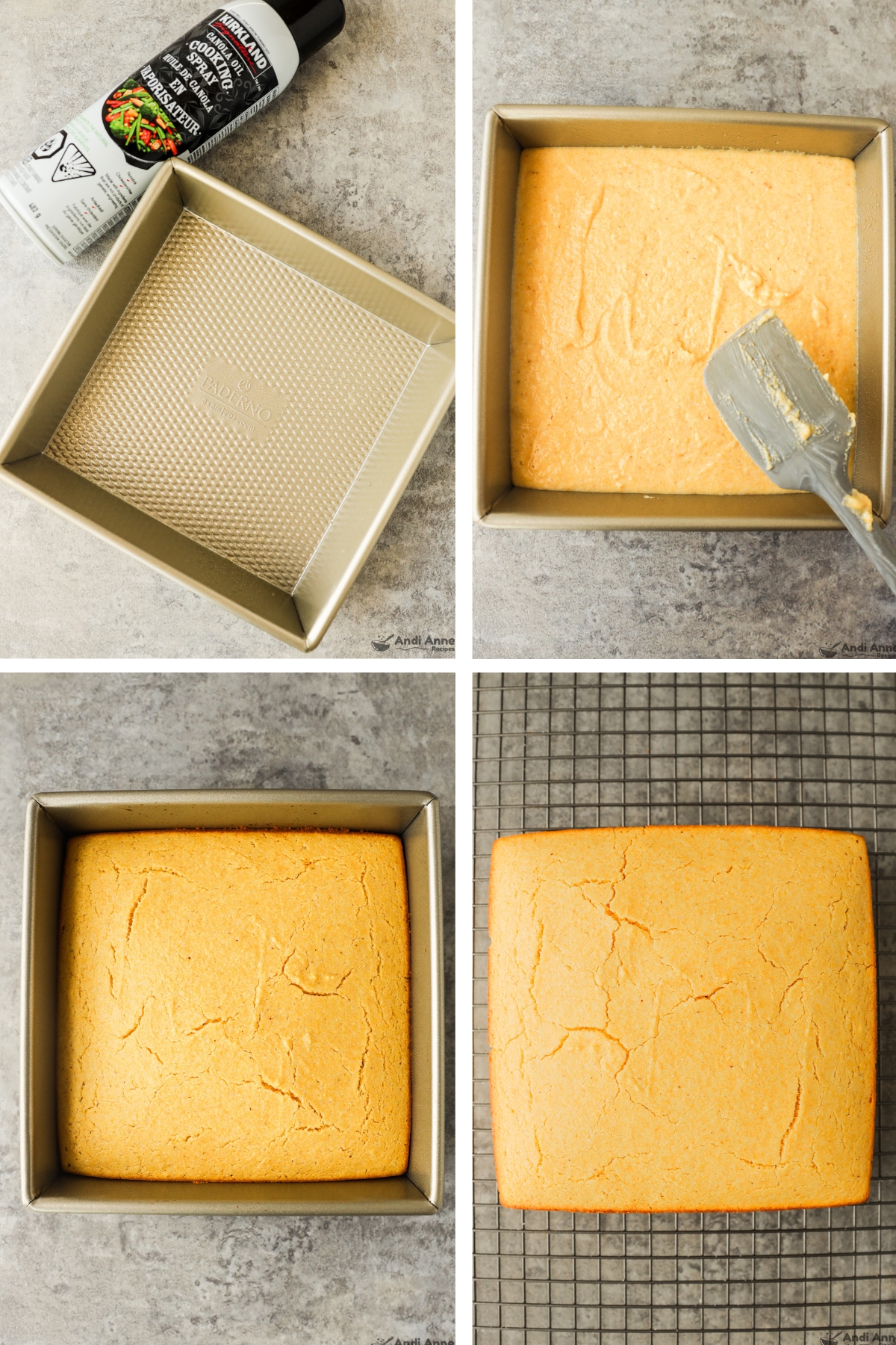 Four images grouped, first a square baking dish and cooking spray, second yellow batter poured into square baking pan, third baked cornbread in pan, fourth cornbread on a rack.