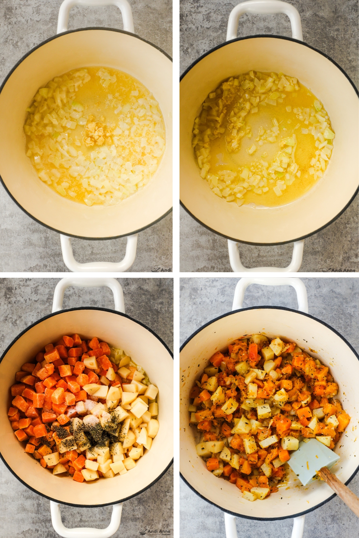 Four images of a pot, first two with chopped onion and oil, second two with chopped potatoes, squash and spices, unmixed then mixed