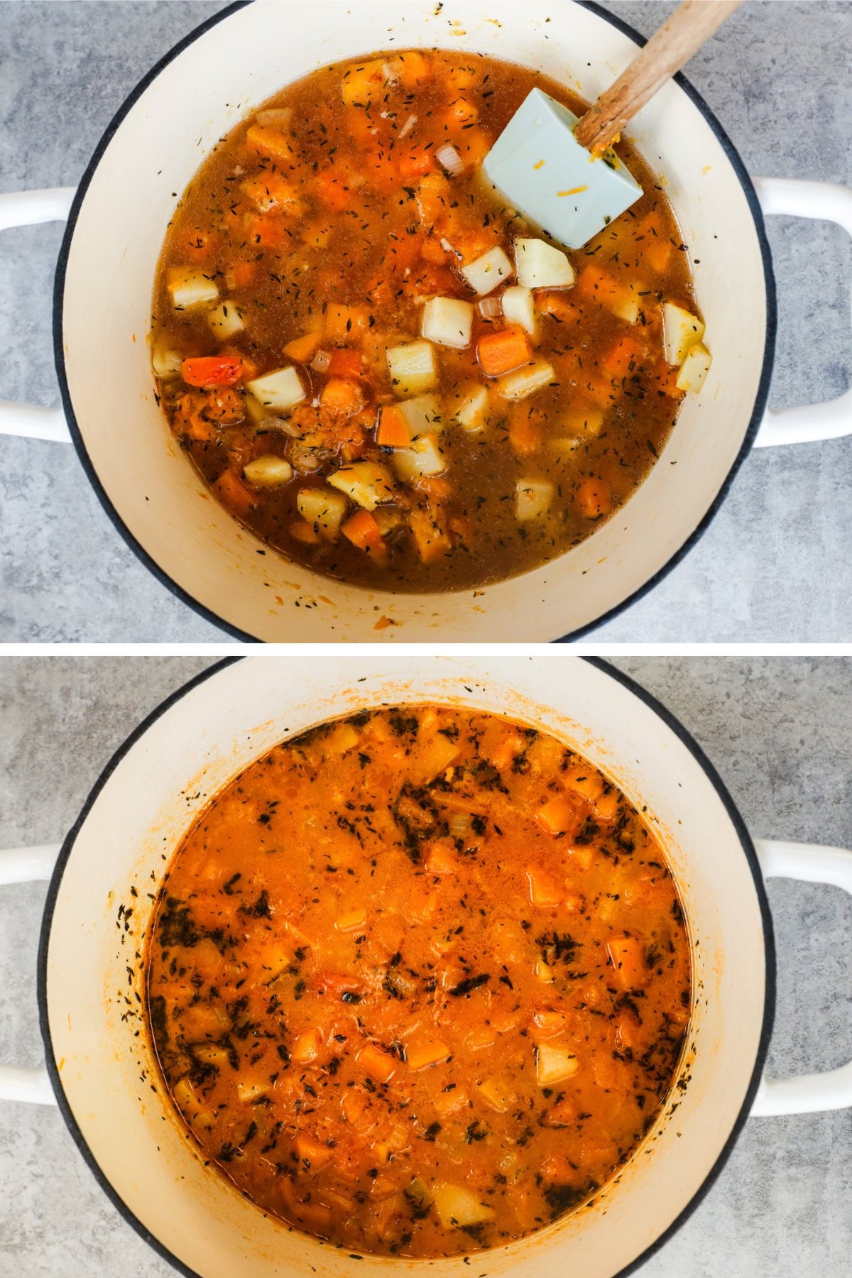 Two images of soup in a pot, first with vegetables and broth dumped in, second is same ingredients after simmering for 10 minutes