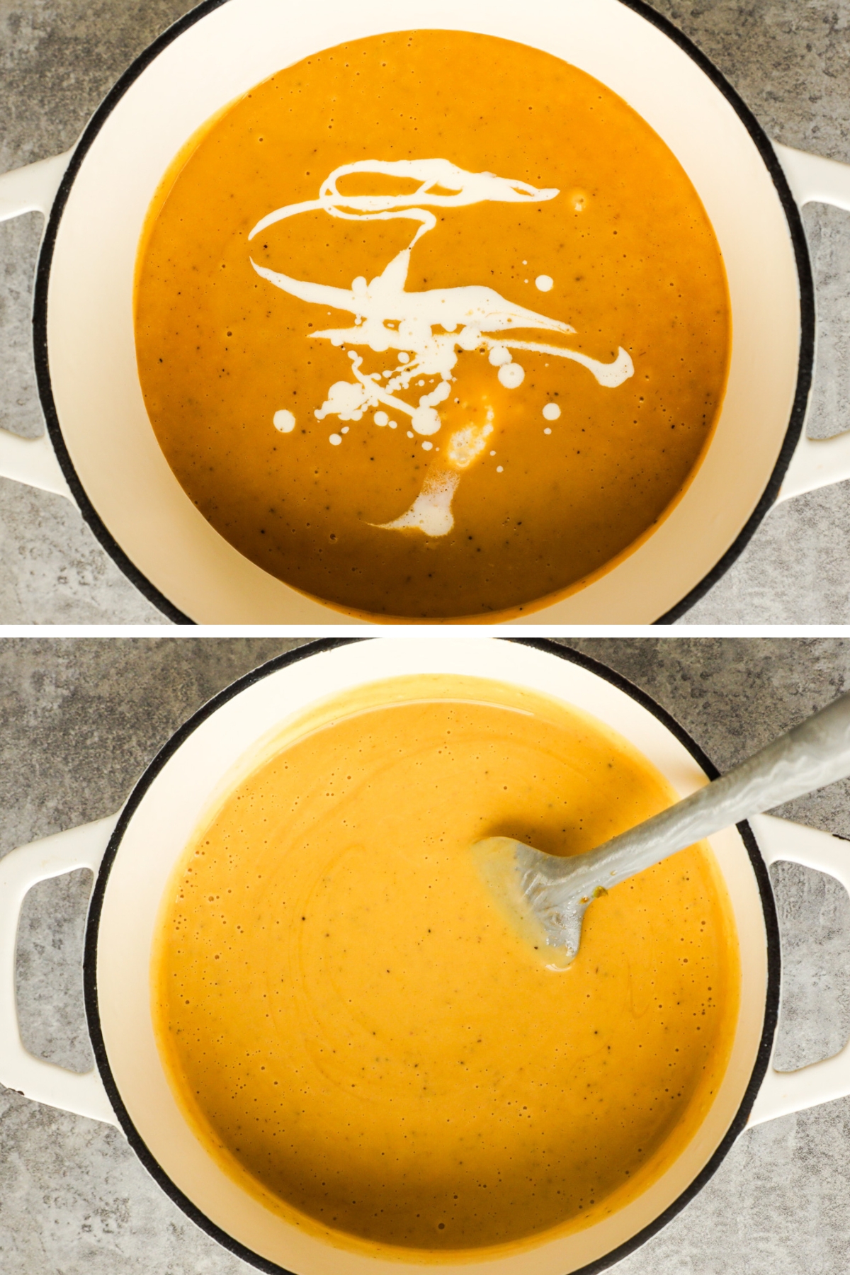 Two images of creamy soup, first with cream drizzled on second with cream stirred in