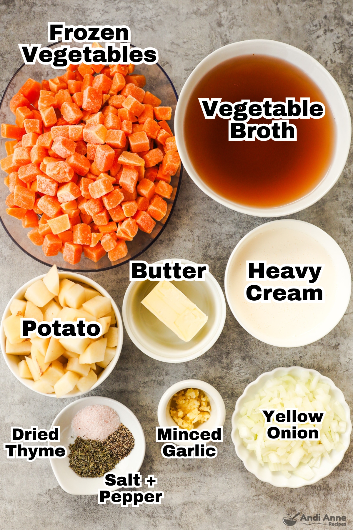 Recipe ingredients including bowl of frozen cubed squash, bowl of broth, bowls of chopped potato, butter, heavy cream, spices, garlic and onion