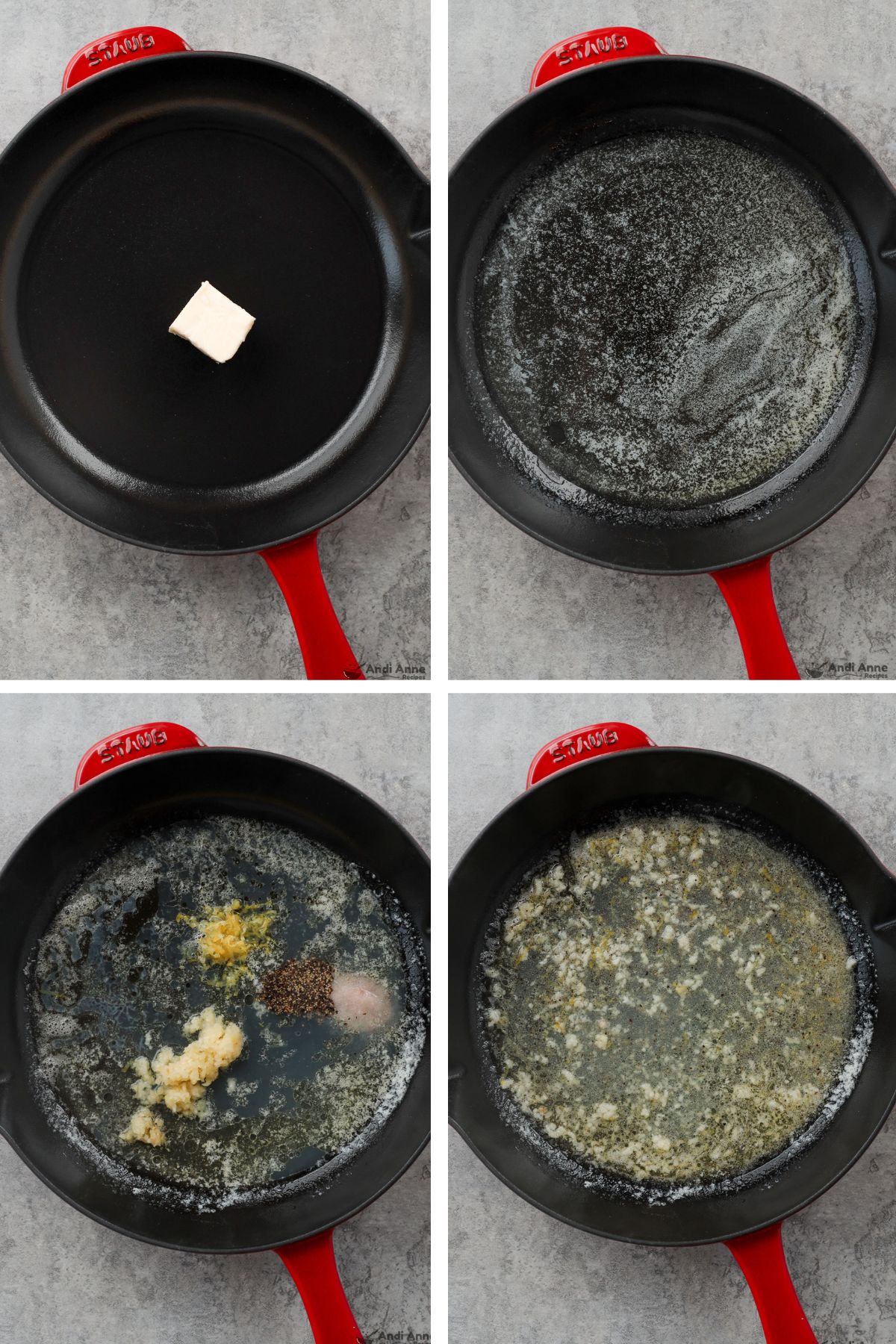 Four images of a frying pan, first with butter cold, second melted butter, third lemon juice and zest and minced garlic dumped in, fourth mixed together