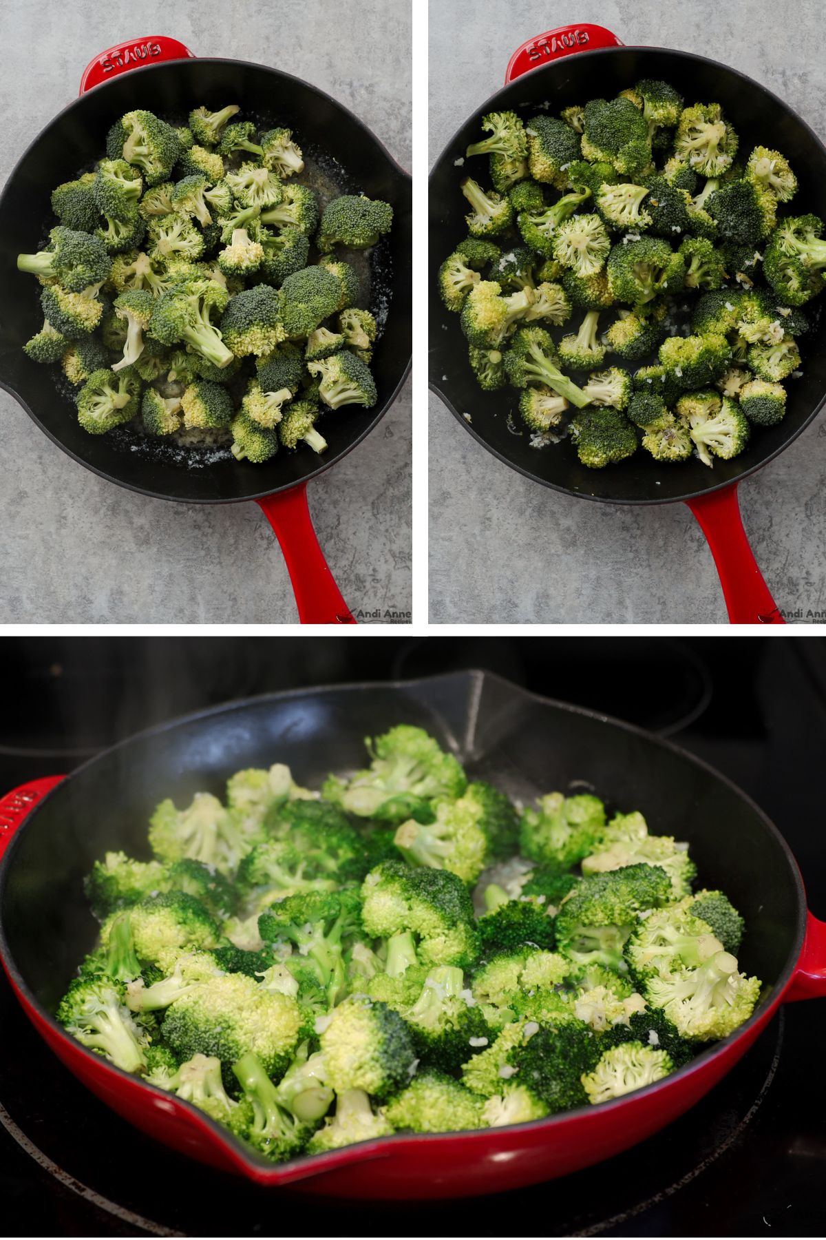 Three images grouped, first broccoli dumped over liquid, second broccoli tossed with liquid, third fresh steaming broccoli on stove top