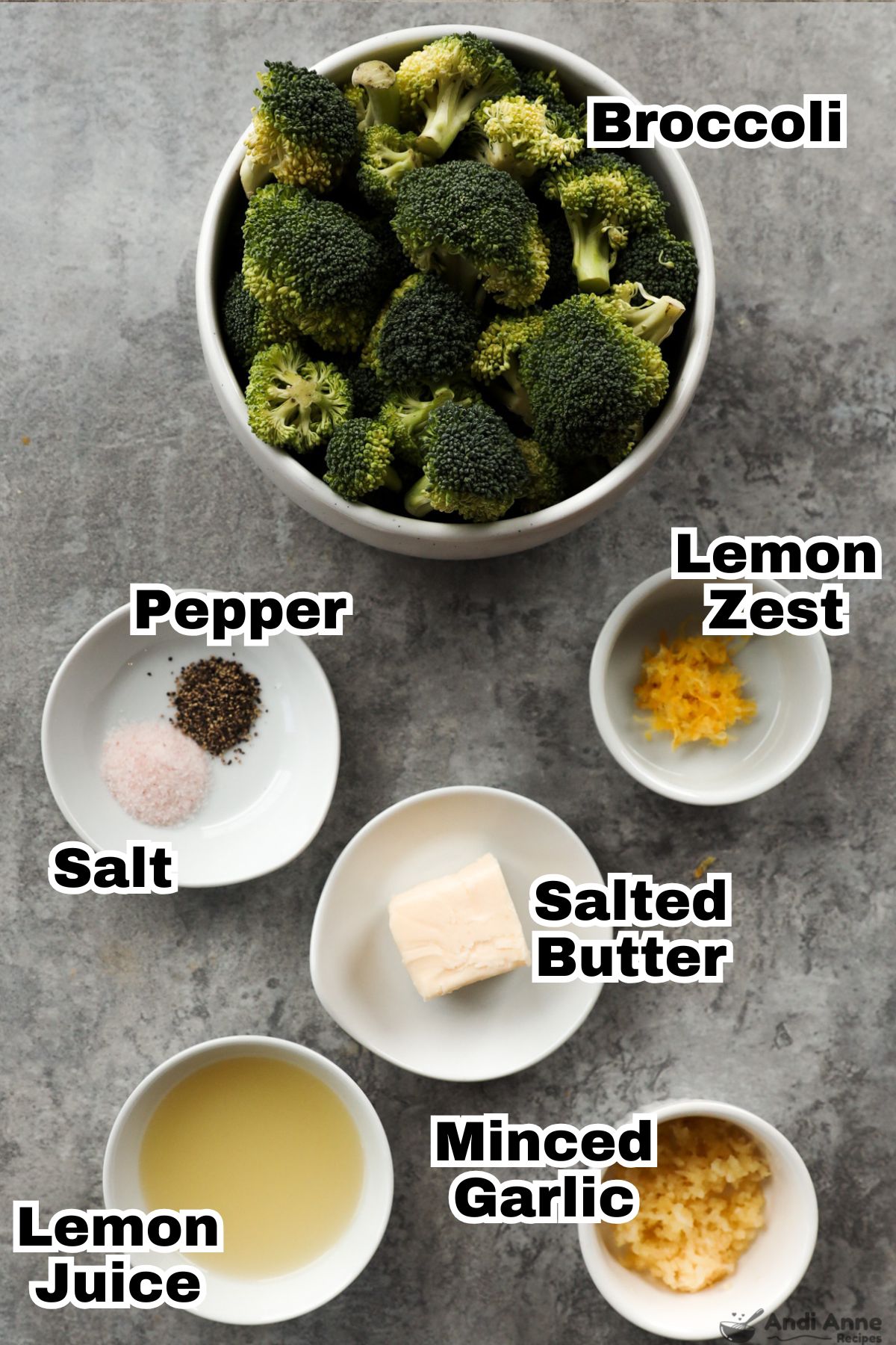 Bowls of recipe ingredients including  broccoli florets, lemon juice and zest, butter, minced garlic, salt and pepper