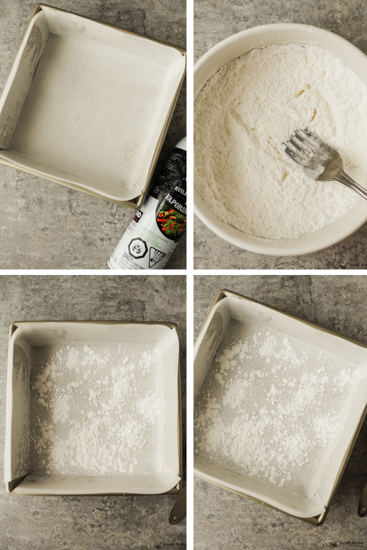 Four images grouped, first is baking pan with parchment and cooking spray, second is bowl with powder mixture and fork, third and fourth are pan with powder sprinkled into it.