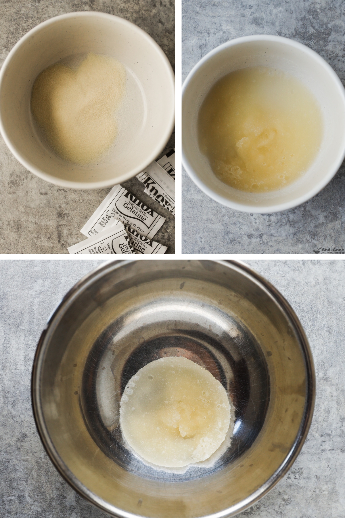 Three images grouped, first is gelatin in a bowl, second is liquid added. third is bloomed gelatin in a bowl