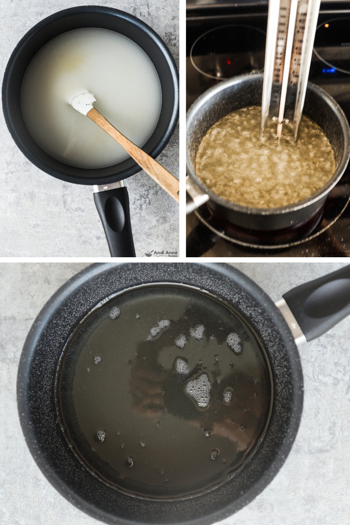 Three images grouped together, first is pot with white liquid, second is pot with boiling water and candy thermometer, fourth is liquid syrup in pot. 