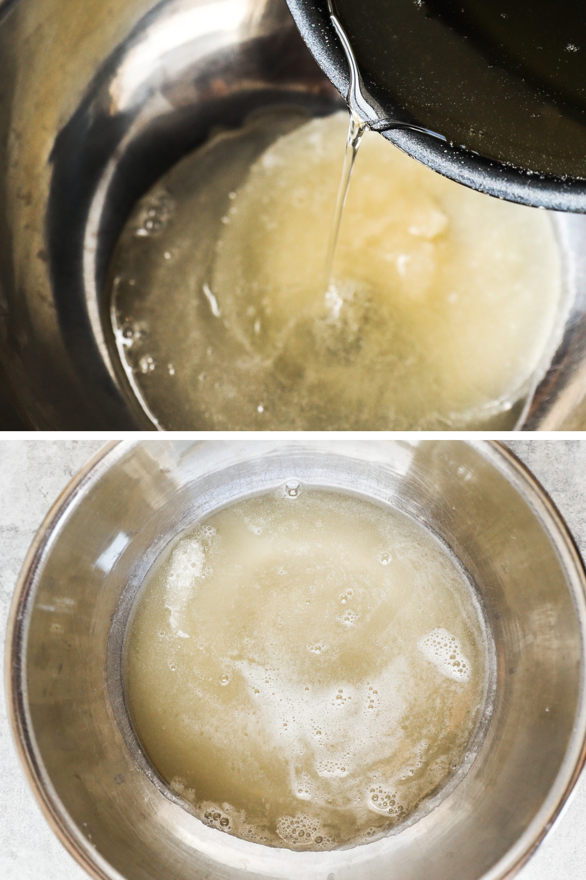 Two images of a bowl, first is syrup slowly drizzling into the bowl, second is all liquid in the bowl