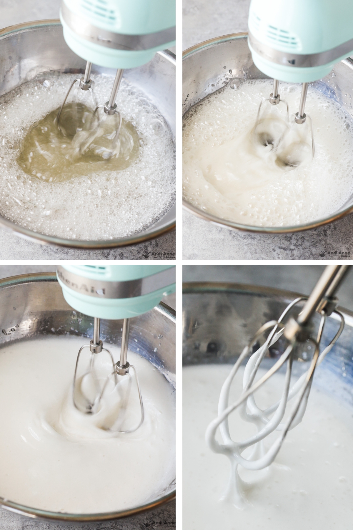 Four images of bowl with liquid and handmixer in various stages. First liquid is bubbling and clear, second is bubbling and white, third is white and runny, fourth is creamy white