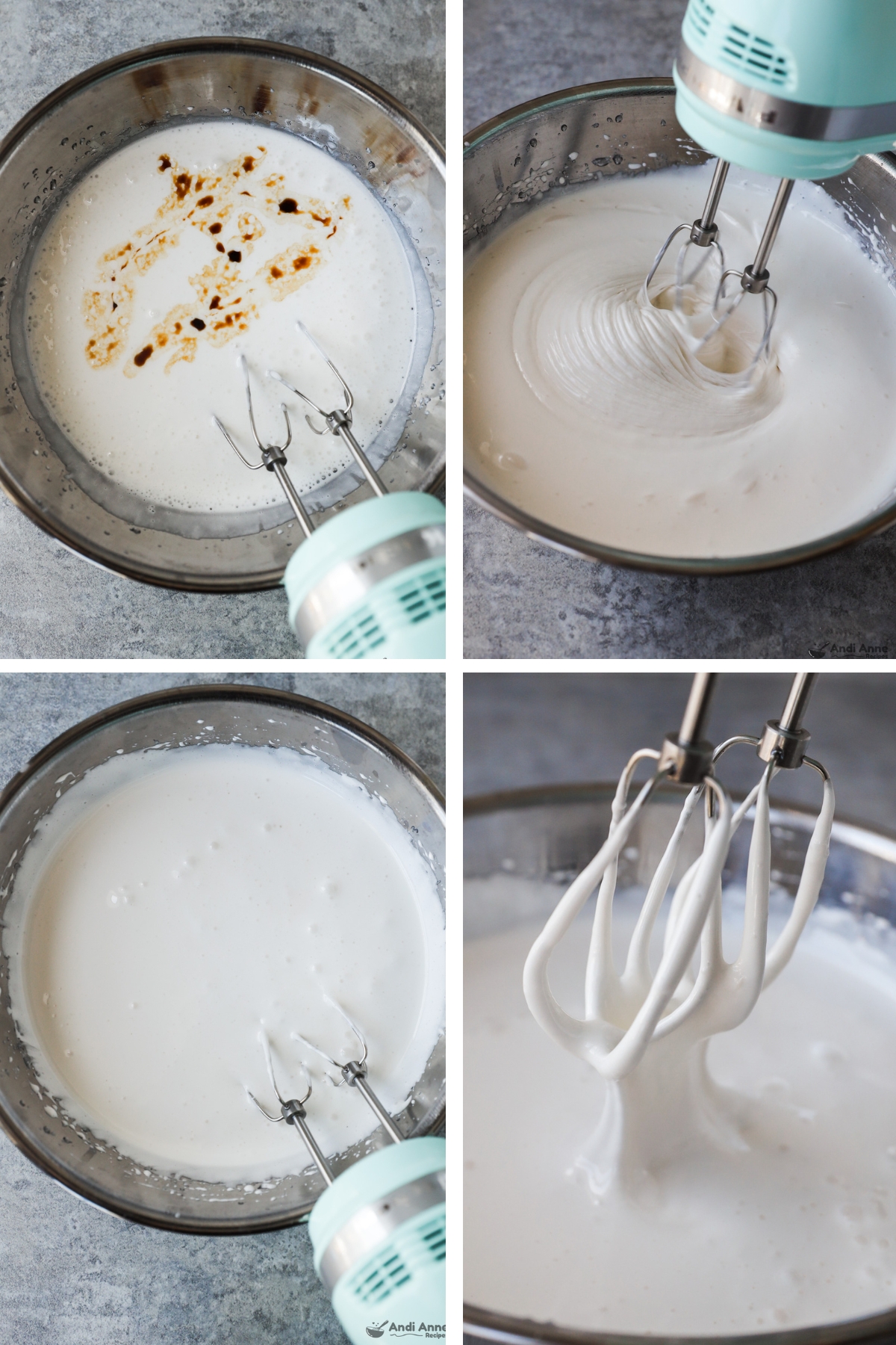 Four images grouped together, first is vanilla extract dumped into liquid marshmallow, second is mixer blending the marshmallow mixture, third is creamy white marshmallow fluff in bowl, fourth is close up of beaters and the thick marshmallow fluff on them