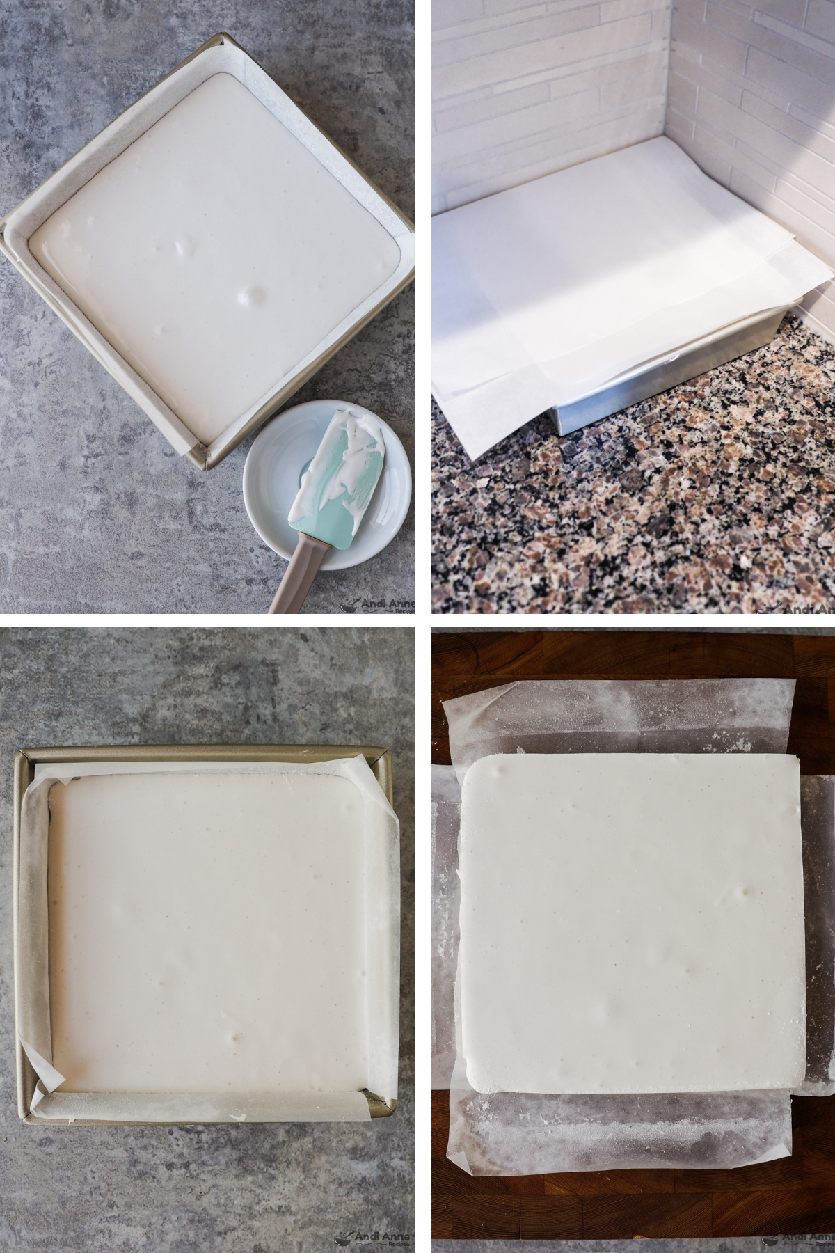 Four images grouped, first is baking dish with marshmallow fluff liquid, second is dish in kitchen corner covered with parchment, third is marshmallow set in pan, fourth is marshmallow square on cutting board.