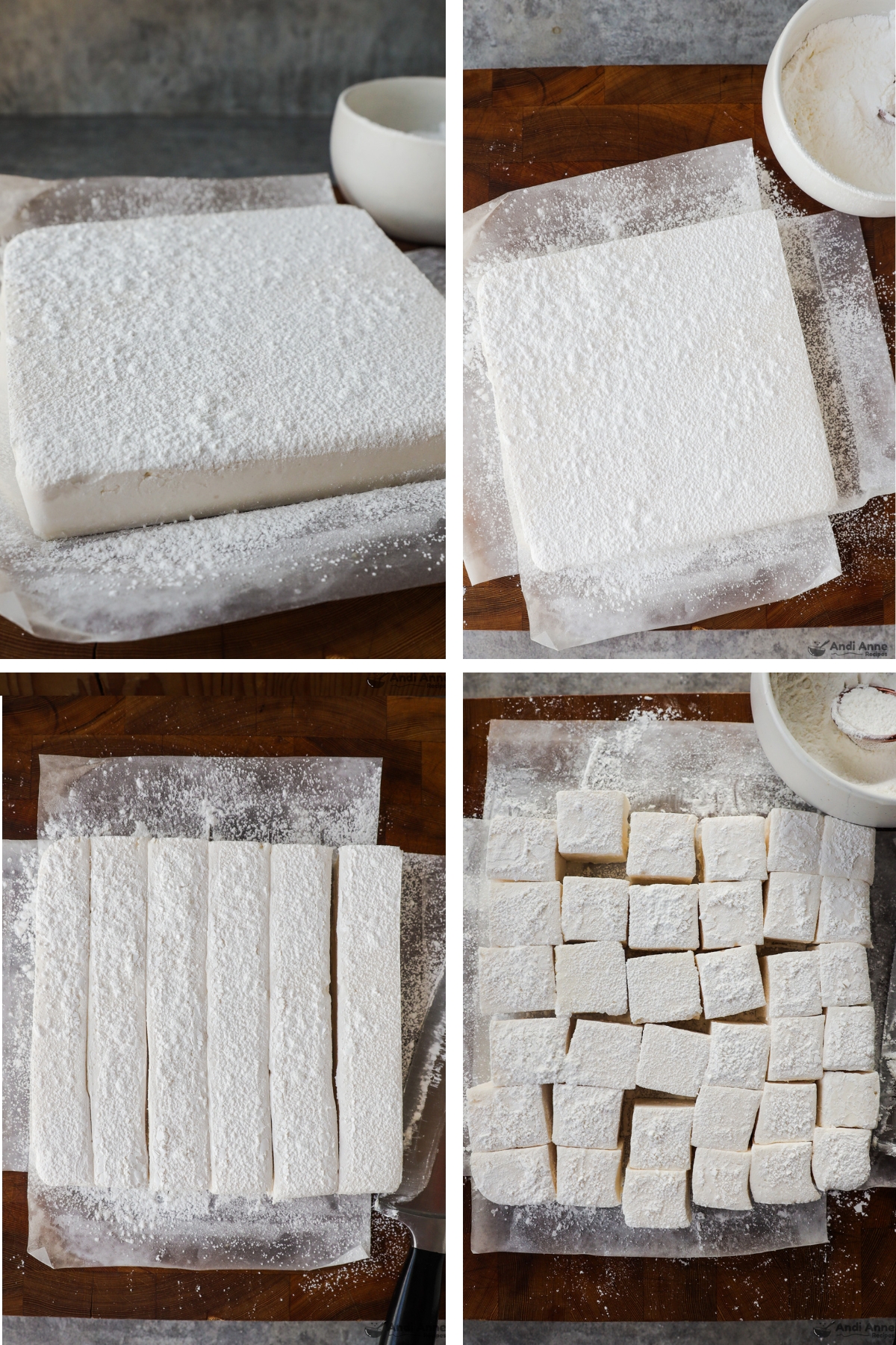 Four images, first is marshmallow square with powder sprinkled on top, second is square on cutting board, third is strips of marshmallow cut, fourth is final marshmallow squares.