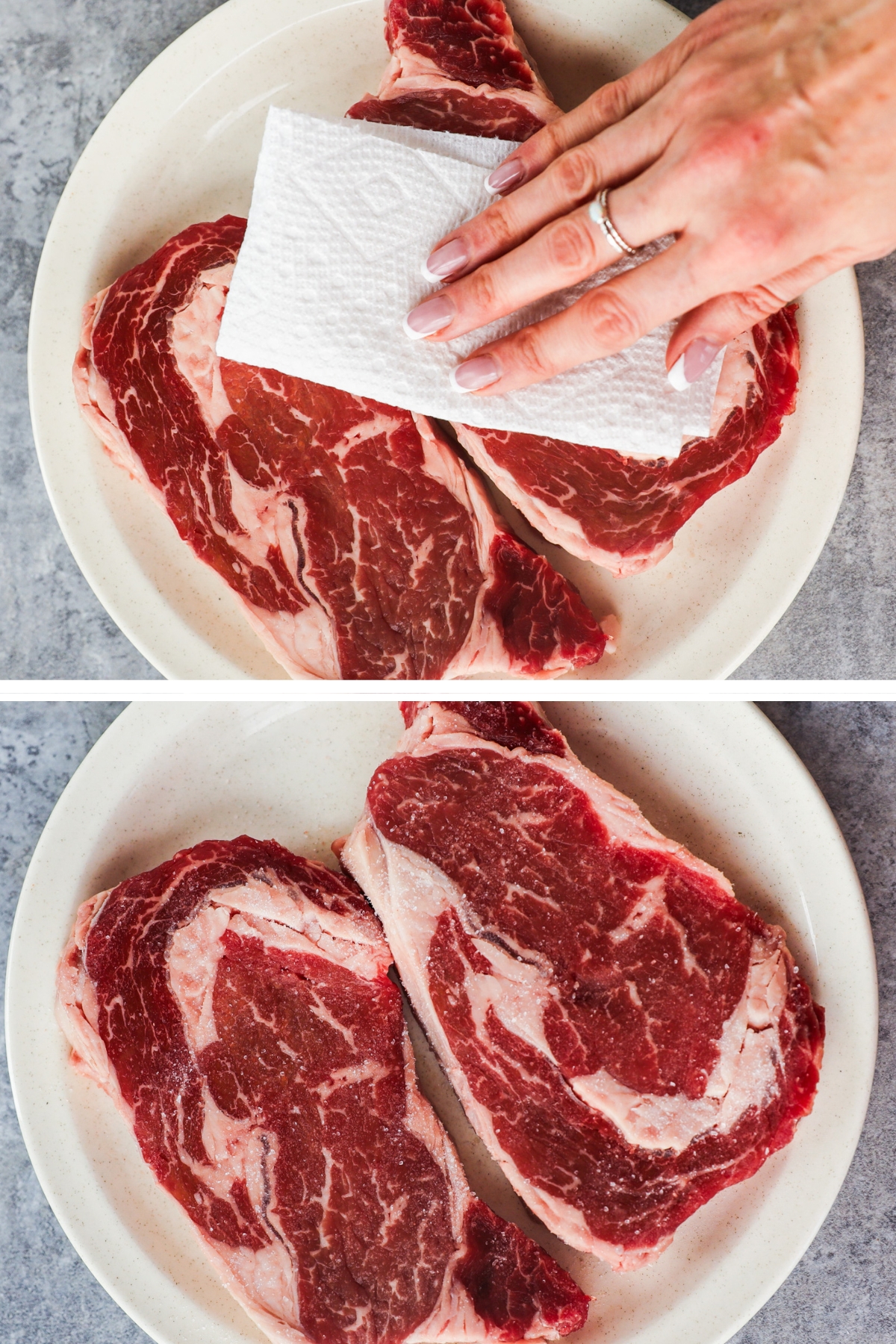 Two images of raw steaks, first a hand patting them with paper towel, second the raw steaks sprinkled with salt.