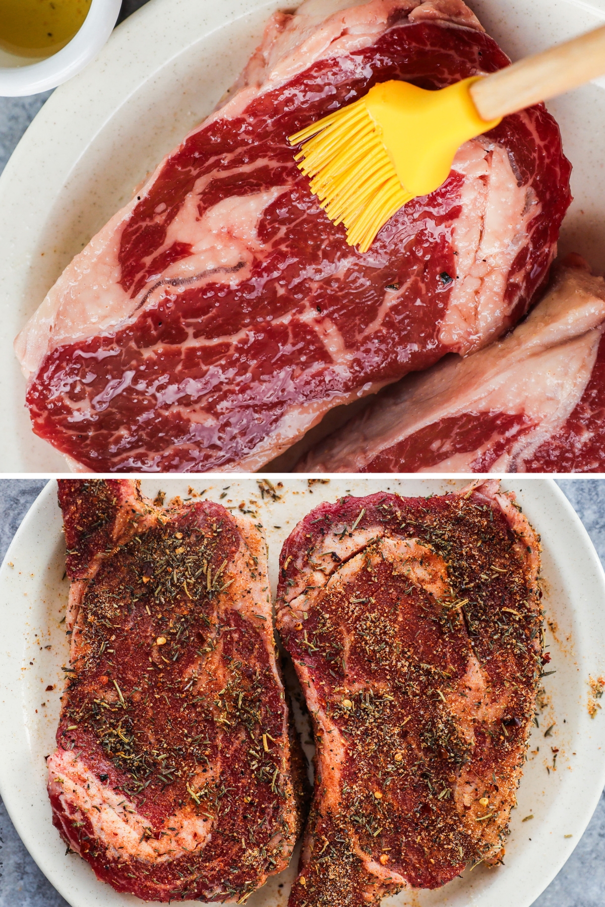 Brush rubbing oil on raw steak, and two raw steaks covered in spice rub