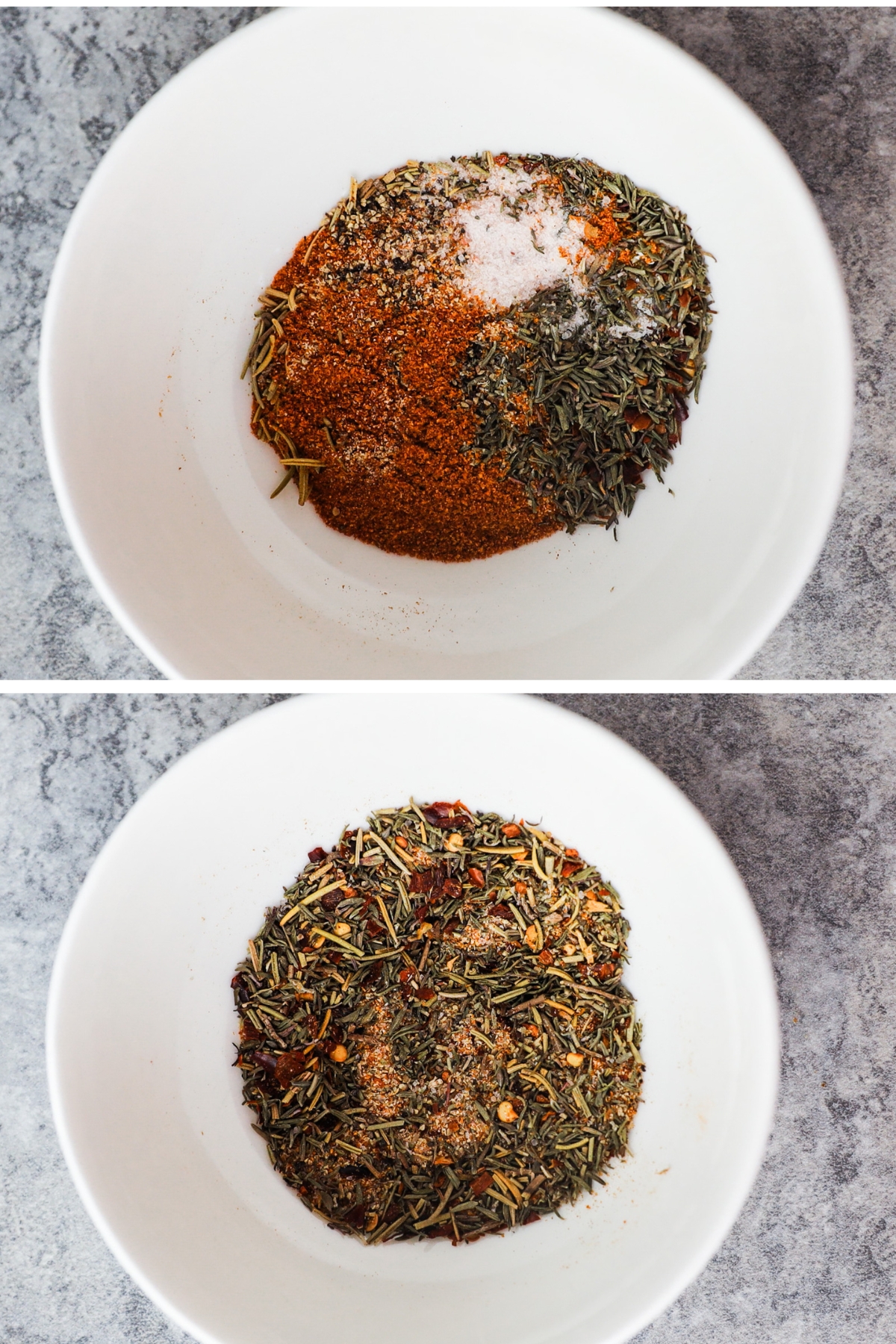 A bowl with spices dumped in, then the spices are mixed in second image to create steak rub