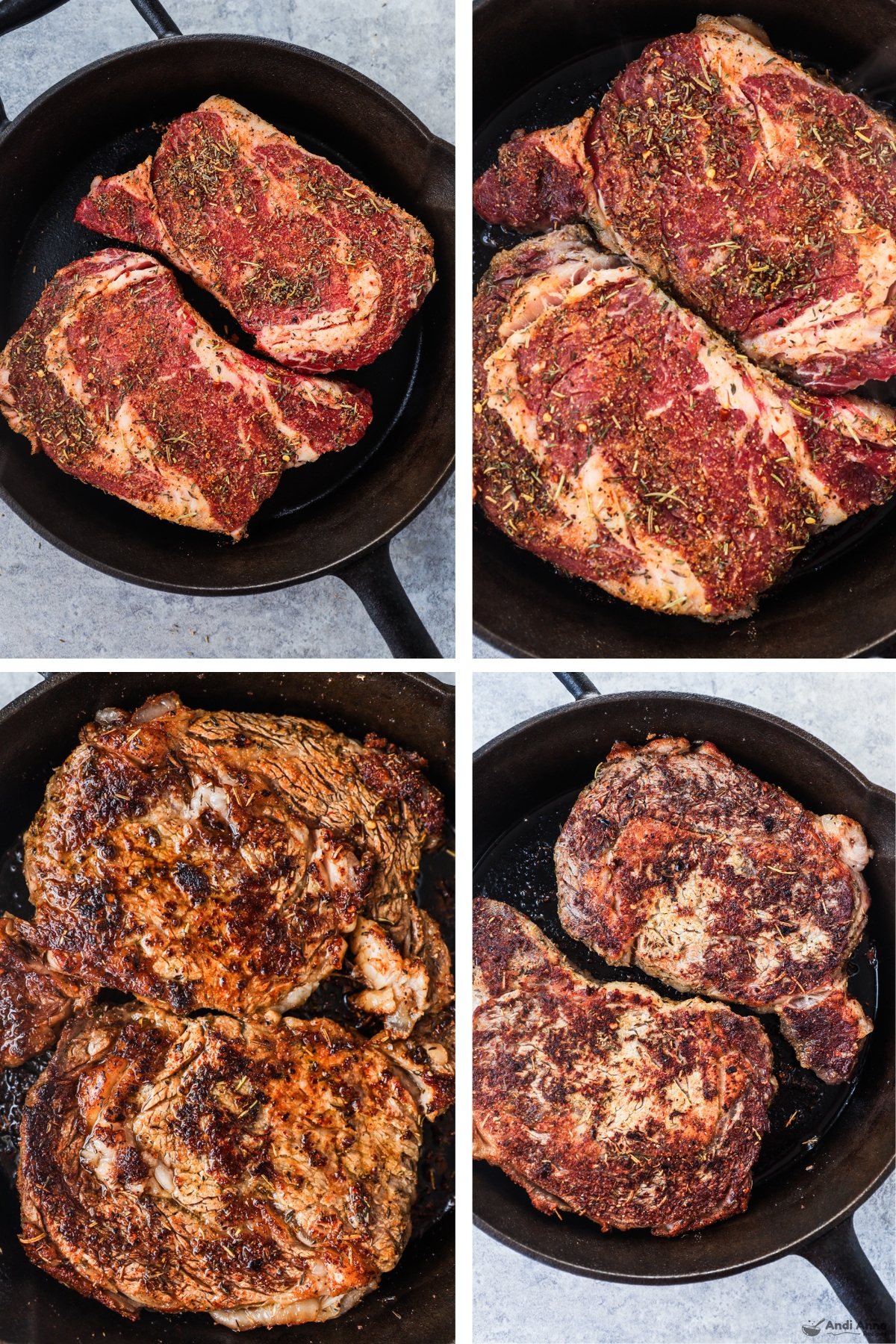 Four images of a frying pan with two steaks. First two images are raw steaks with spice rub, second two are cooked steaks. 